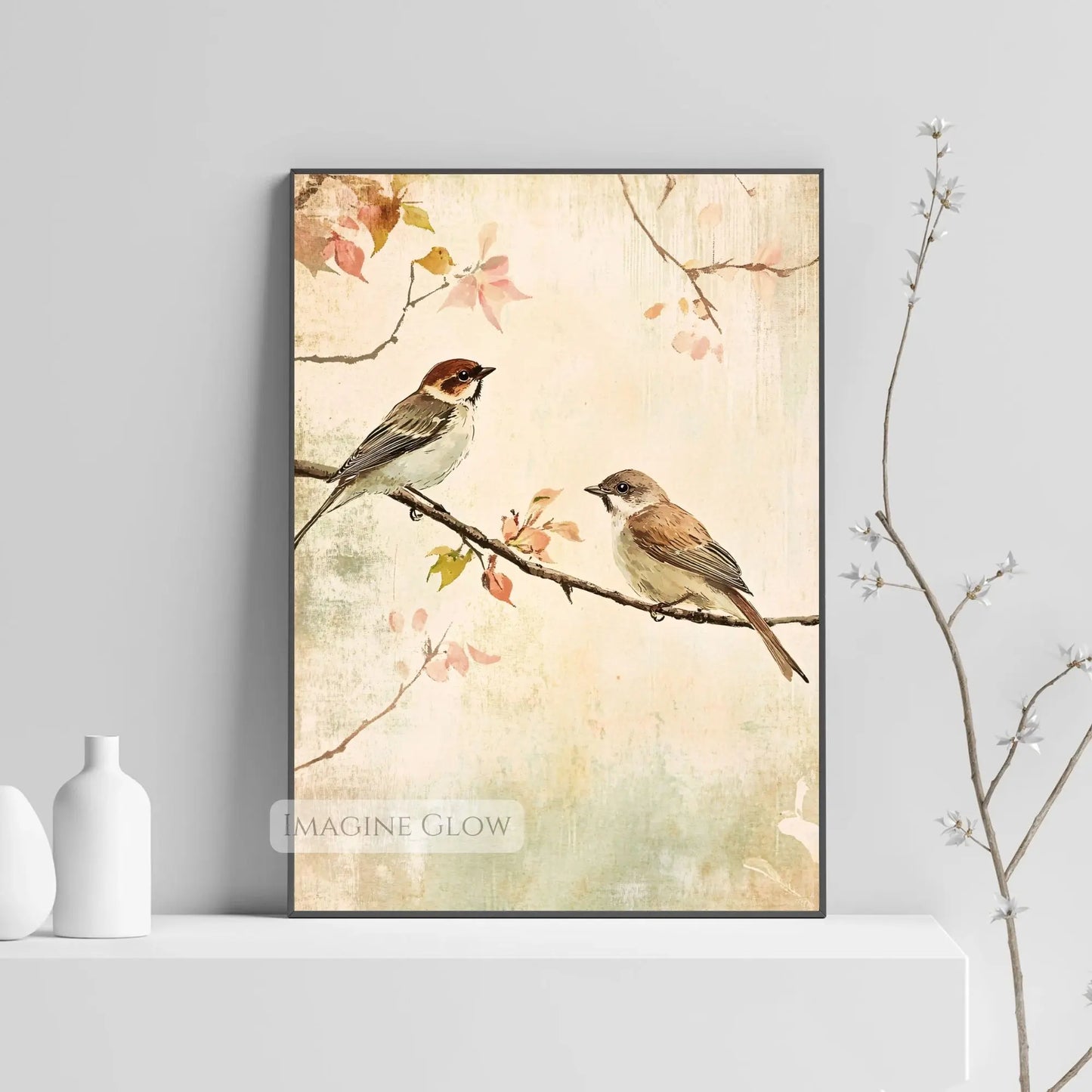 Timeless vintage bird art featuring two birds perched.