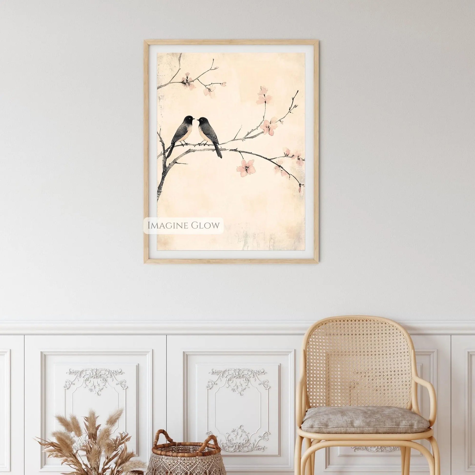 Vintage nature print featuring birds perched on a branch