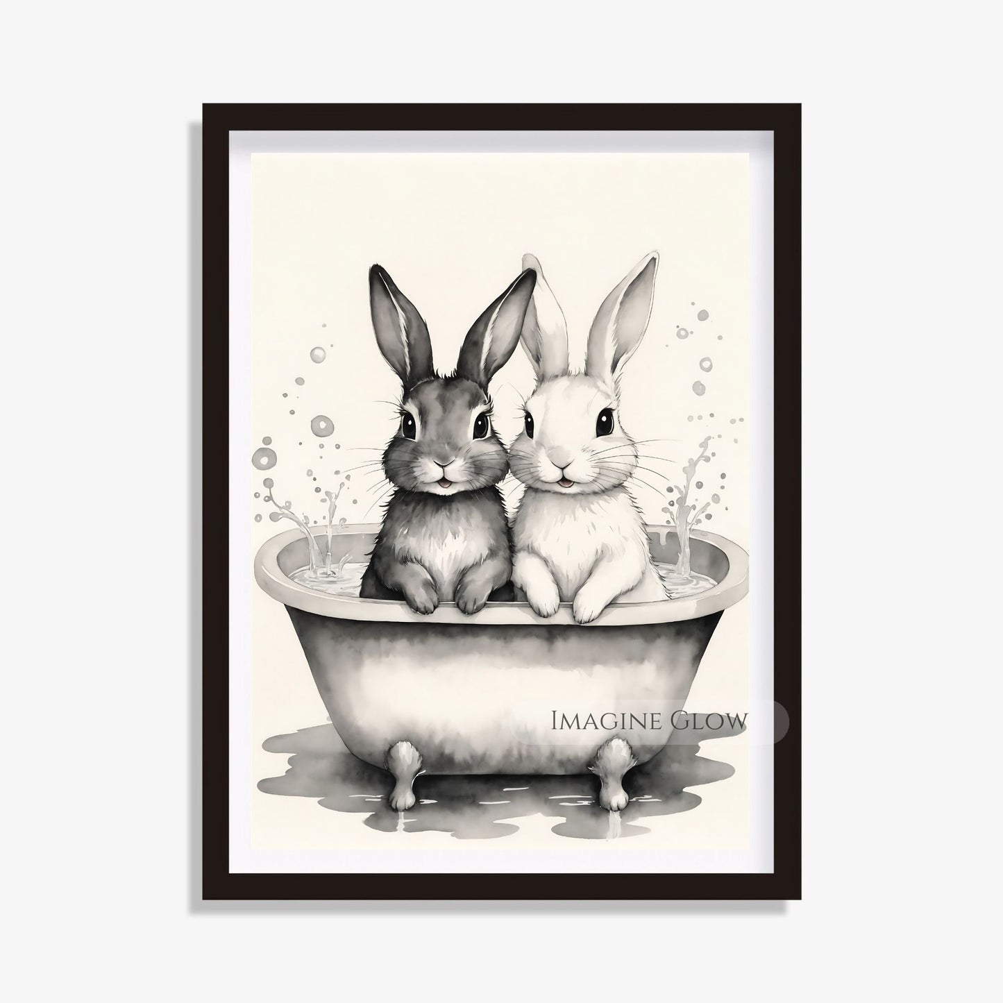 Adorable black-and-white bunnies in bathtub artwork