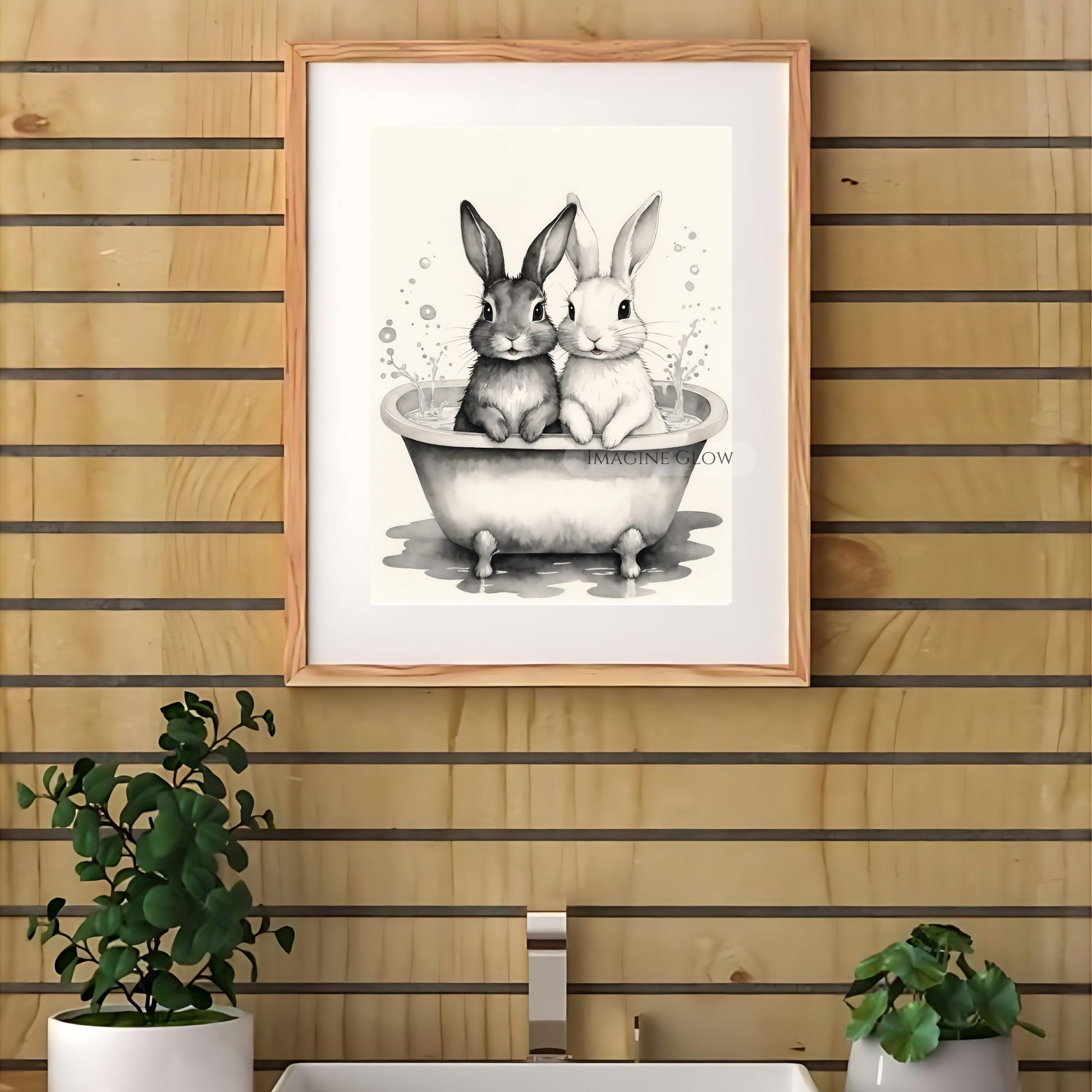 Black-and-white bunny bathroom wall art