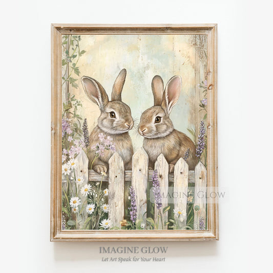 Vintage-style animal illustration of rabbits and flowers.