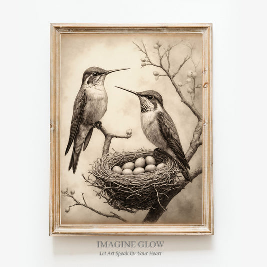 Vintage art print of hummingbirds and nest
