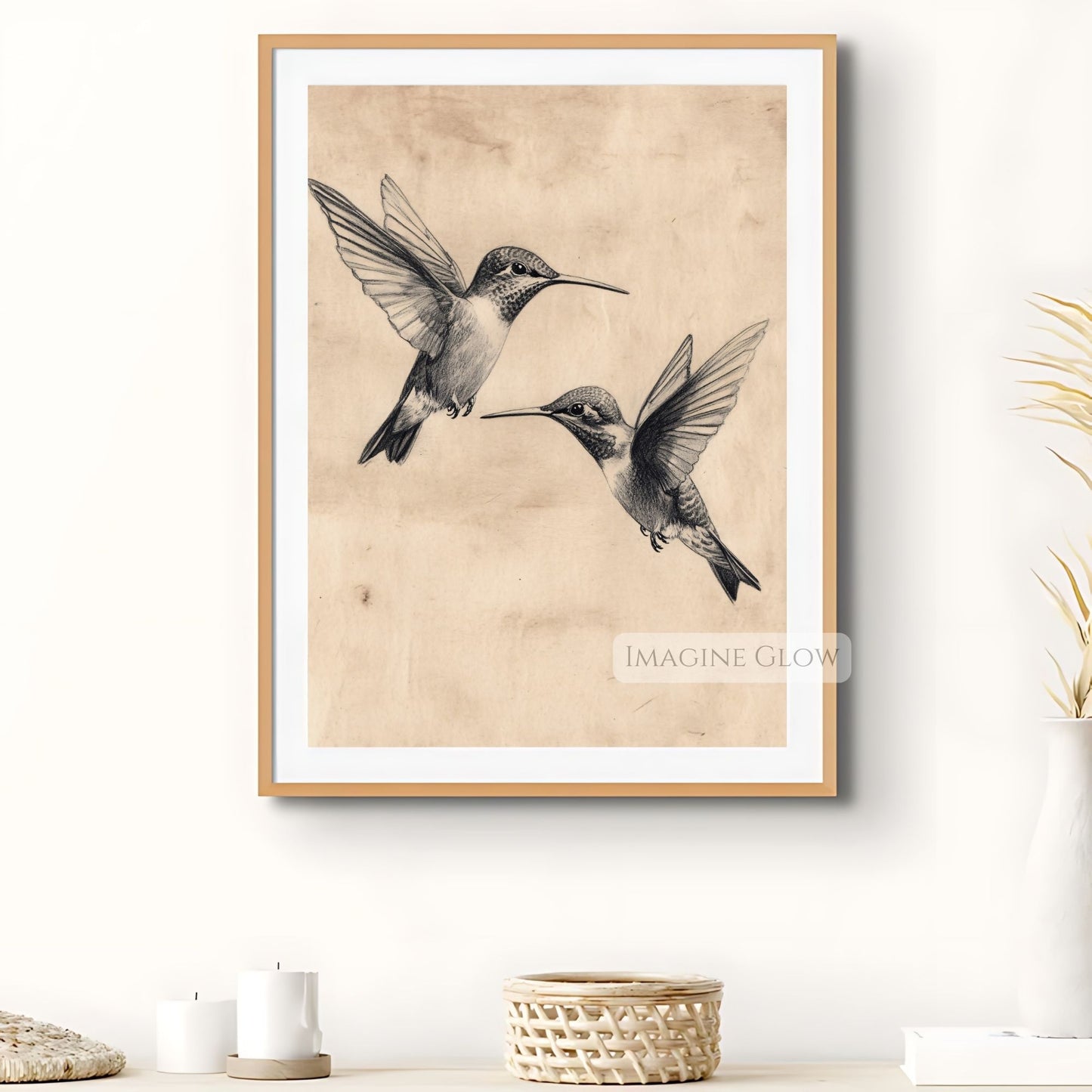 Elegant botanical hummingbird artwork for framing