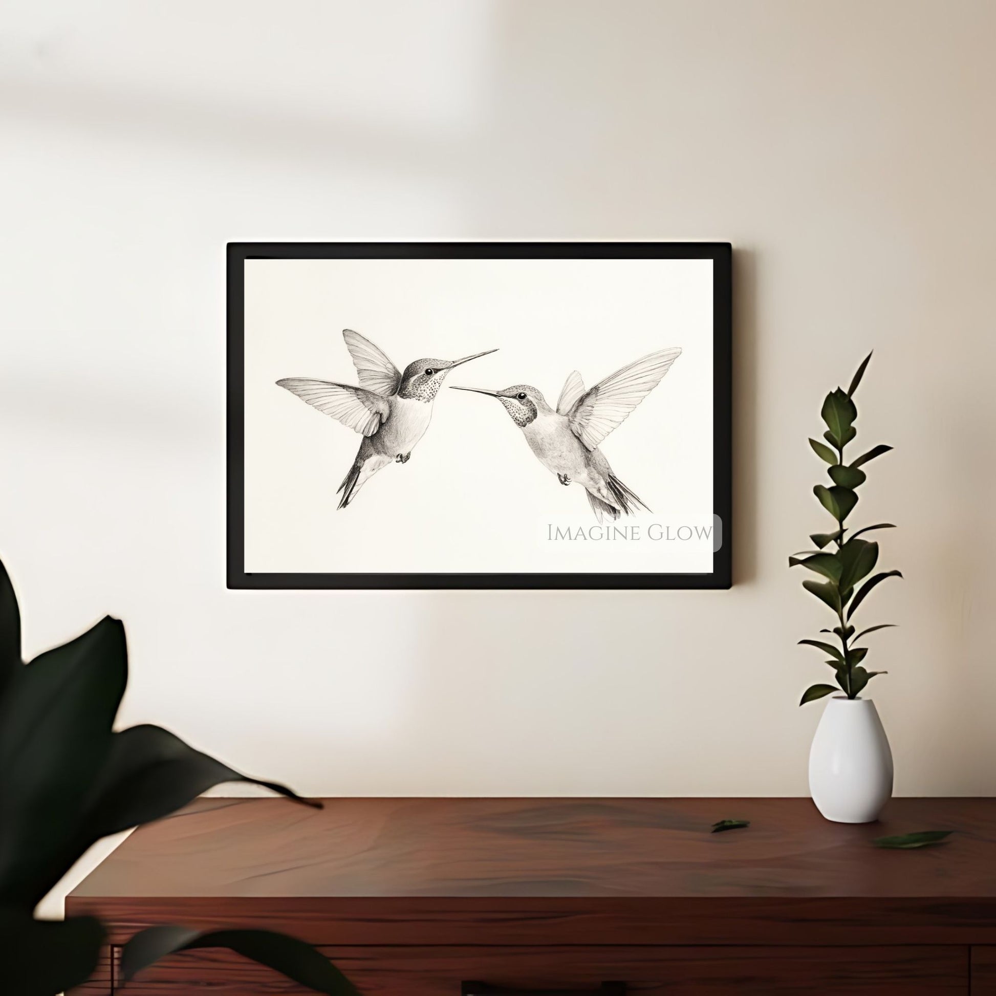 Nature-inspired hand-drawn hummingbirds artwork.