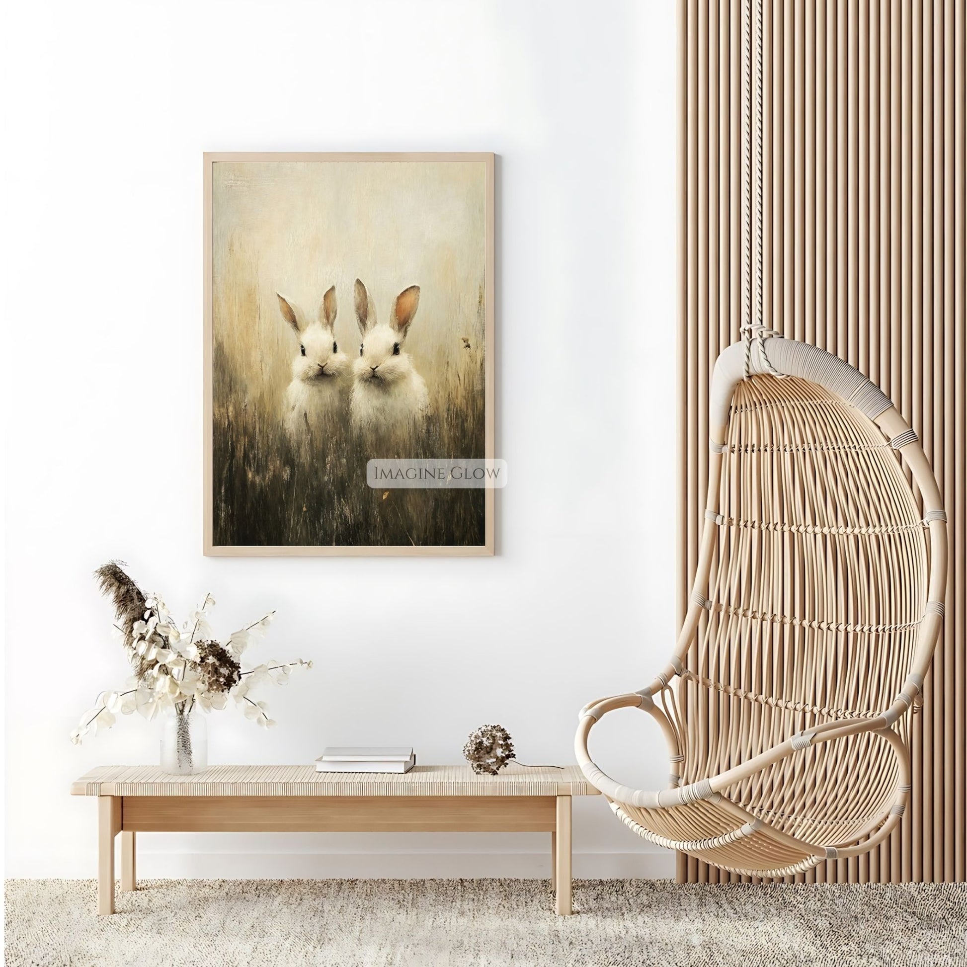 Rustic wall art featuring two bunnies in nature
Vintage-inspired rabbit print for country home