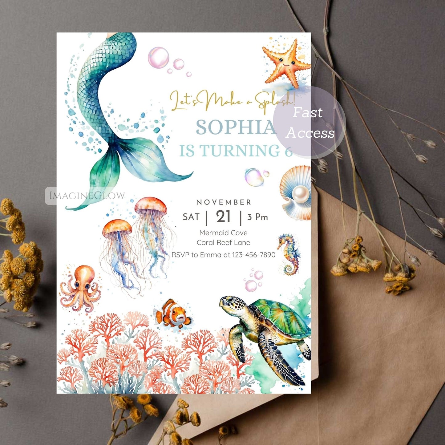 Cute and whimsical mermaid birthday invitation. Magical mermaid and sea creatures party invitation.