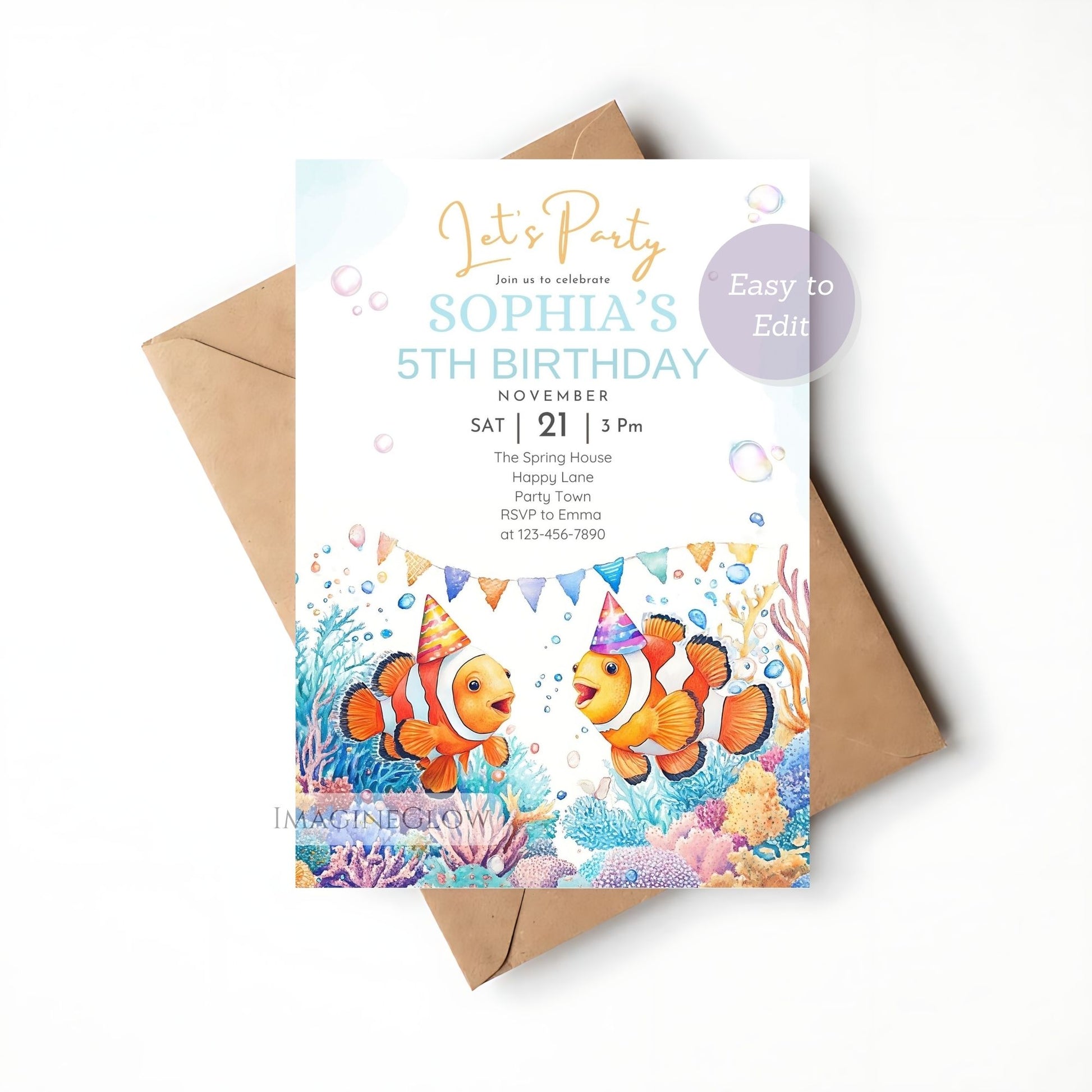 Aquatic themed clownfish birthday invite editable