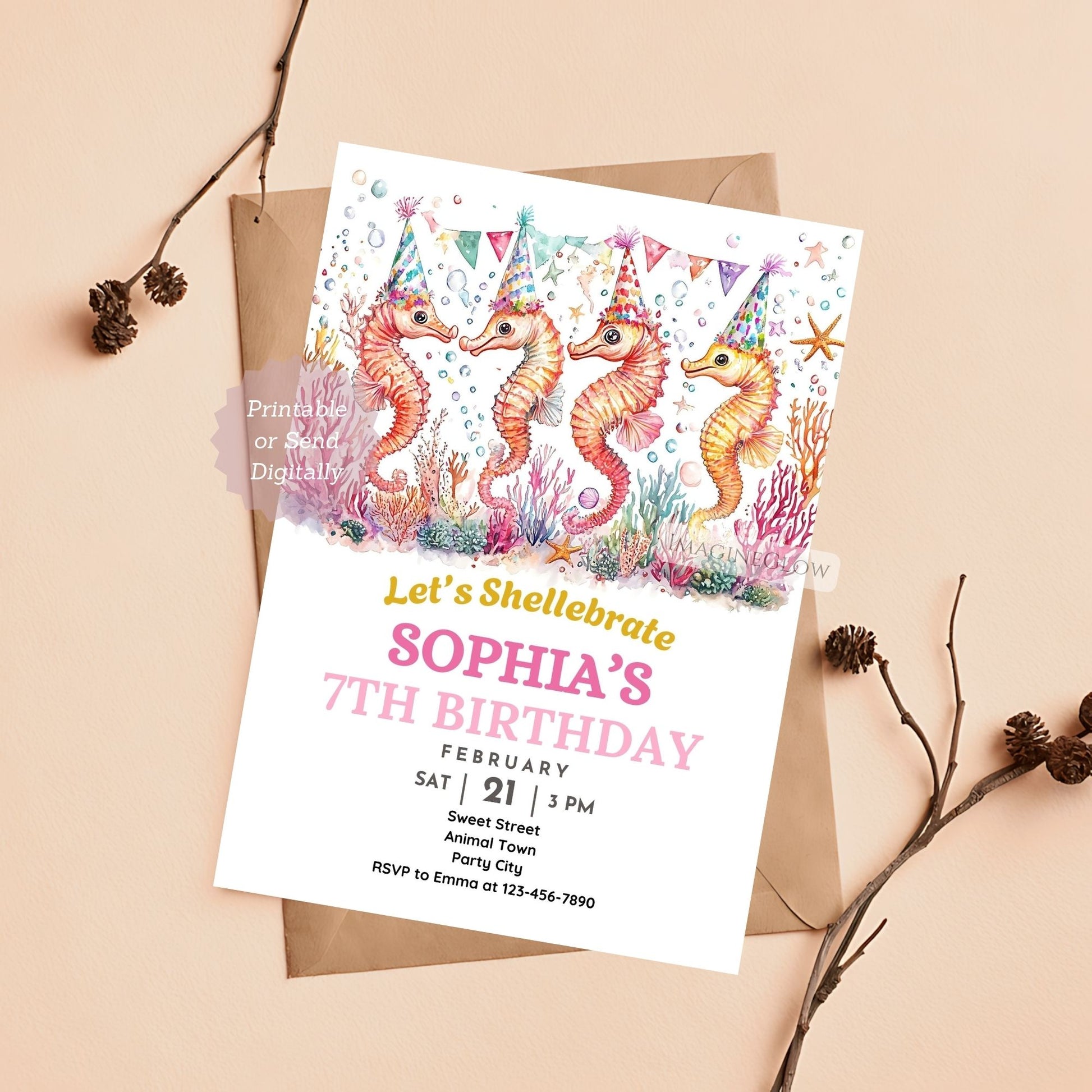 Seahorse Birthday Invitation under-the-sea theme