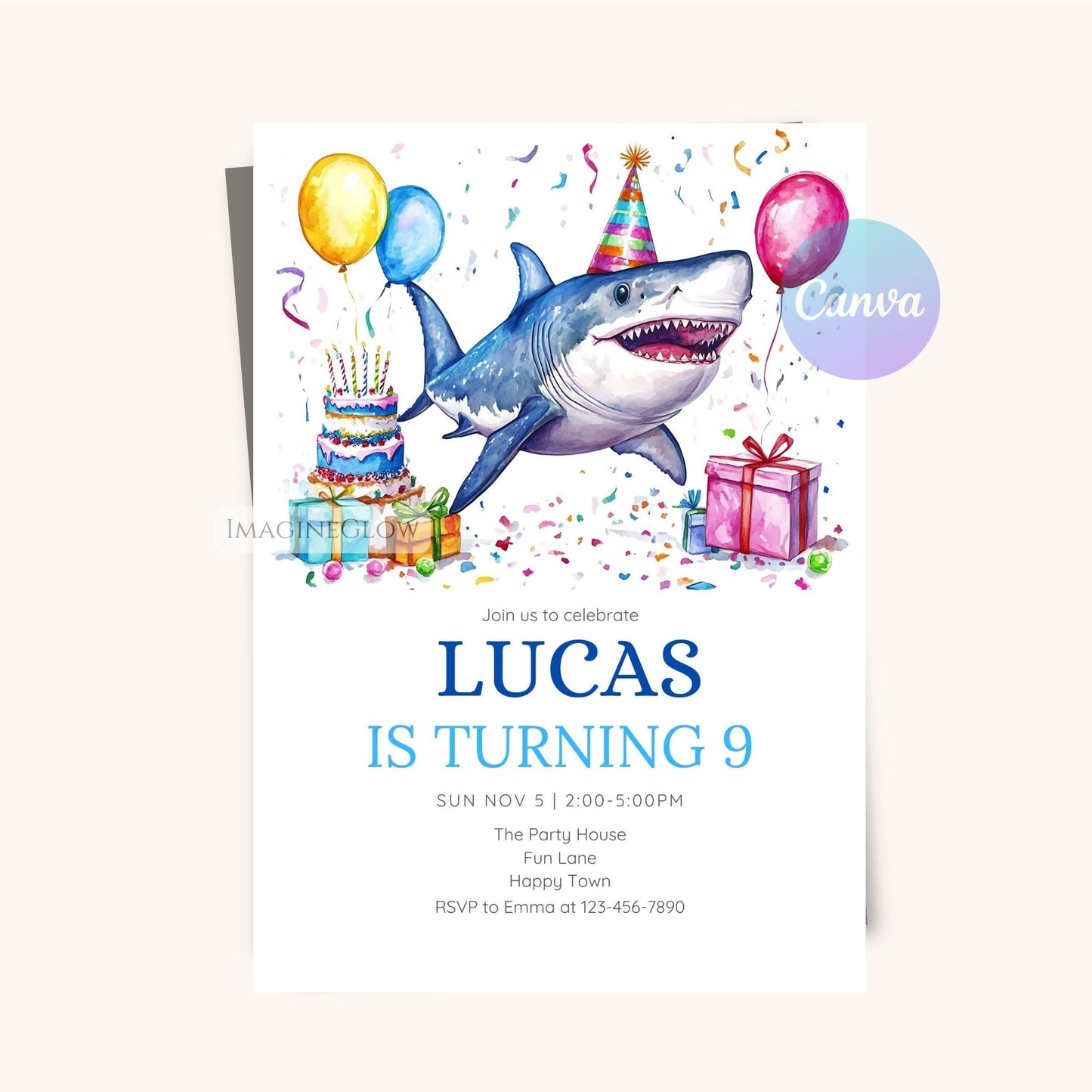Fun shark-themed party invitation for boys and girls
Ocean adventure shark birthday invitation
Editable and printable shark birthday party card