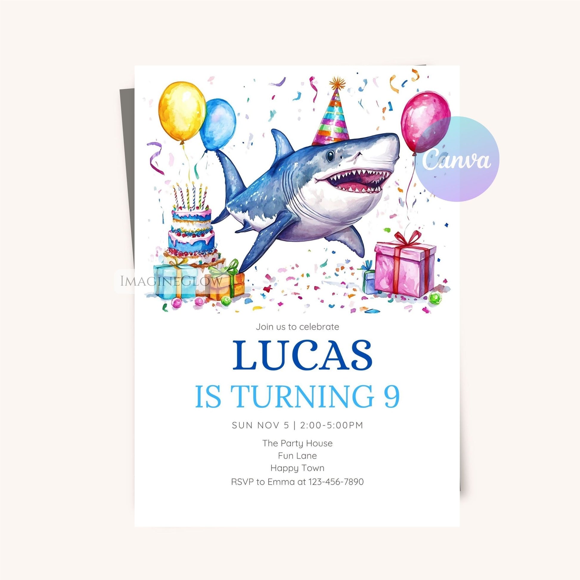 Fun shark-themed party invitation for boys and girls
Ocean adventure shark birthday invitation
Editable and printable shark birthday party card