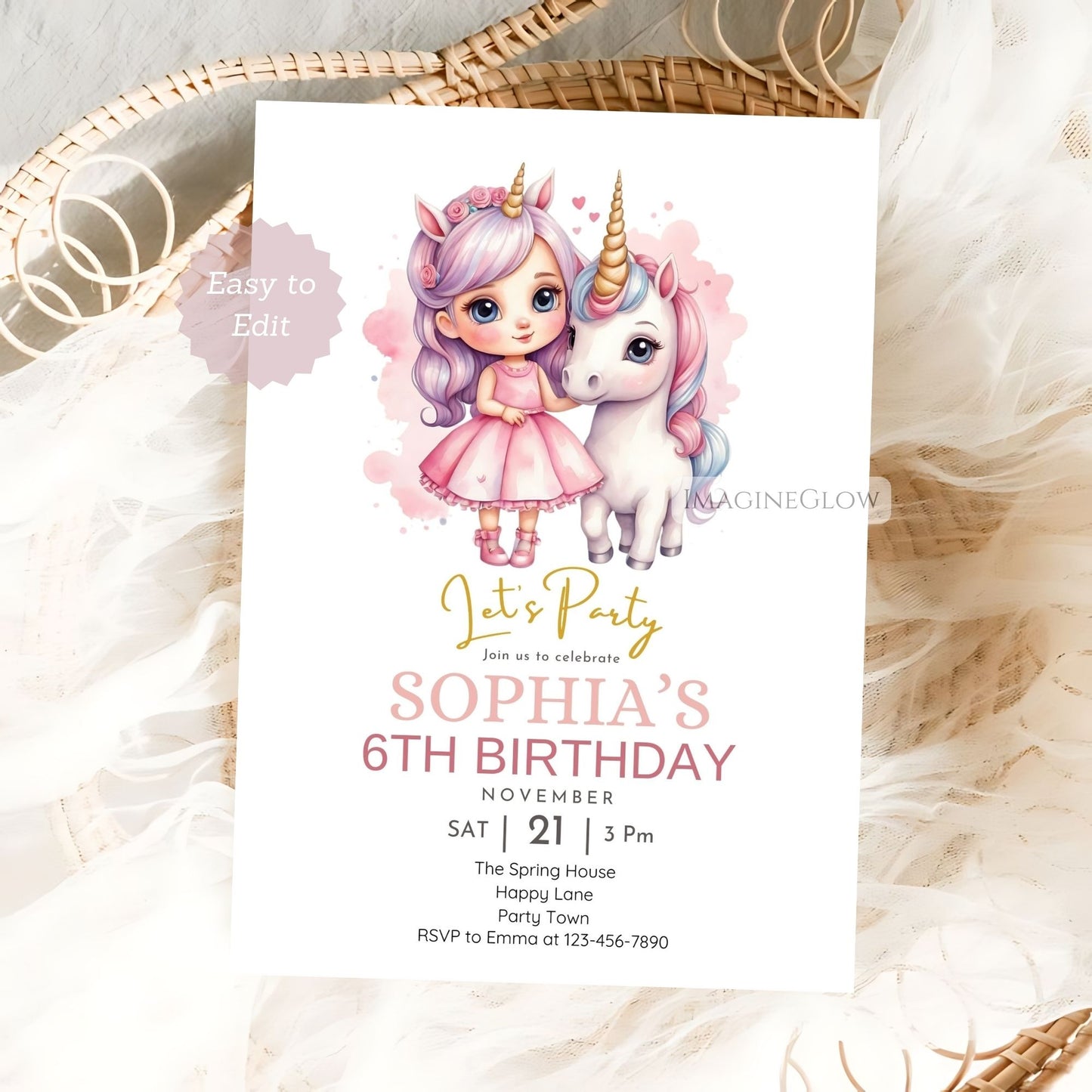 Magical princess unicorn party invite