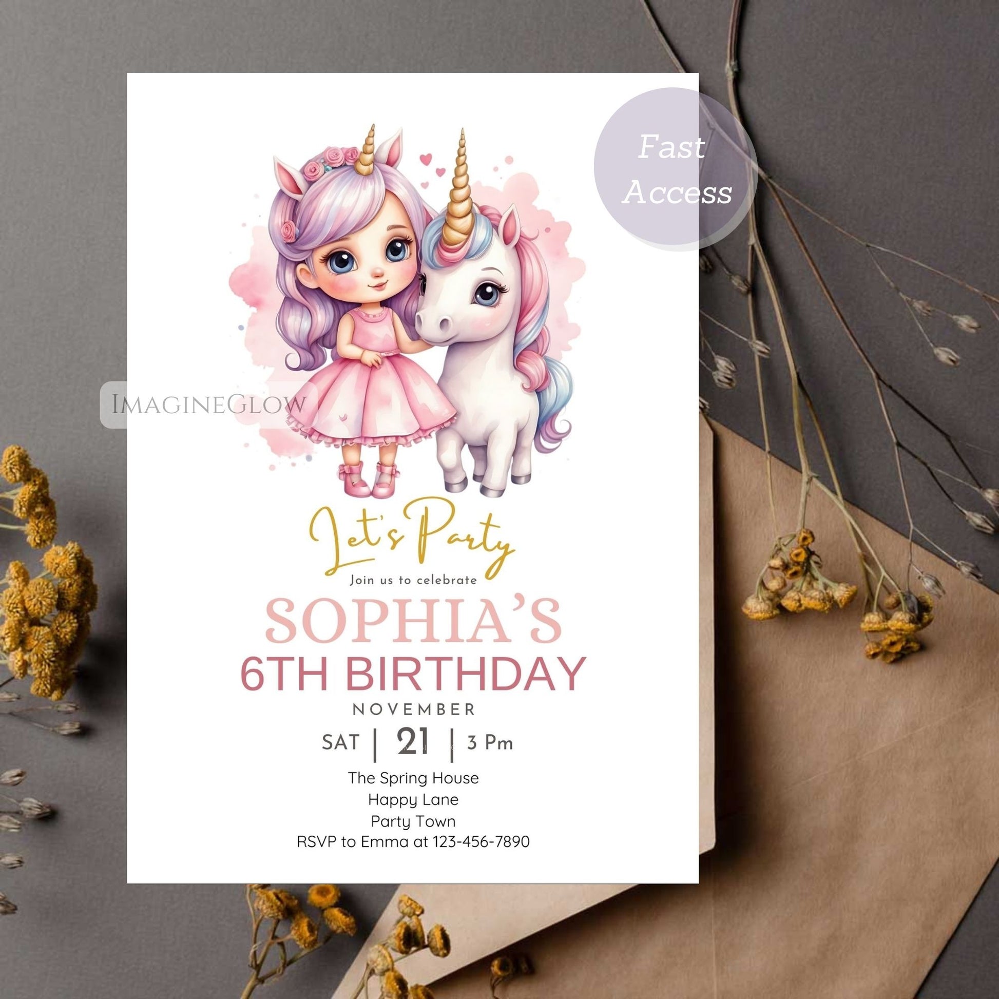 Editable unicorn birthday invitation