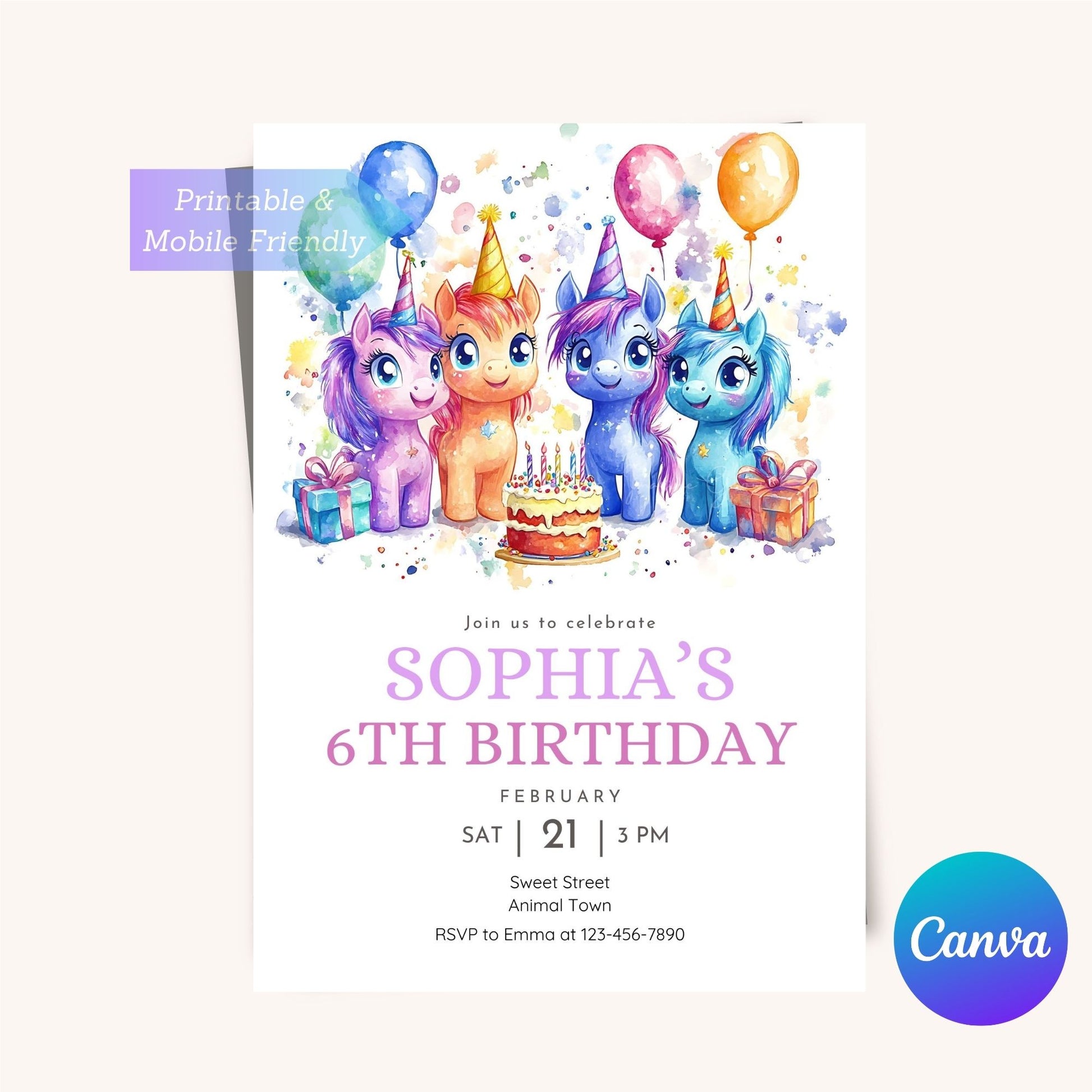 Personalized unicorn invitation for a girls' birthday party.
Unicorn birthday invitation featuring a vibrant rainbow unicorn.