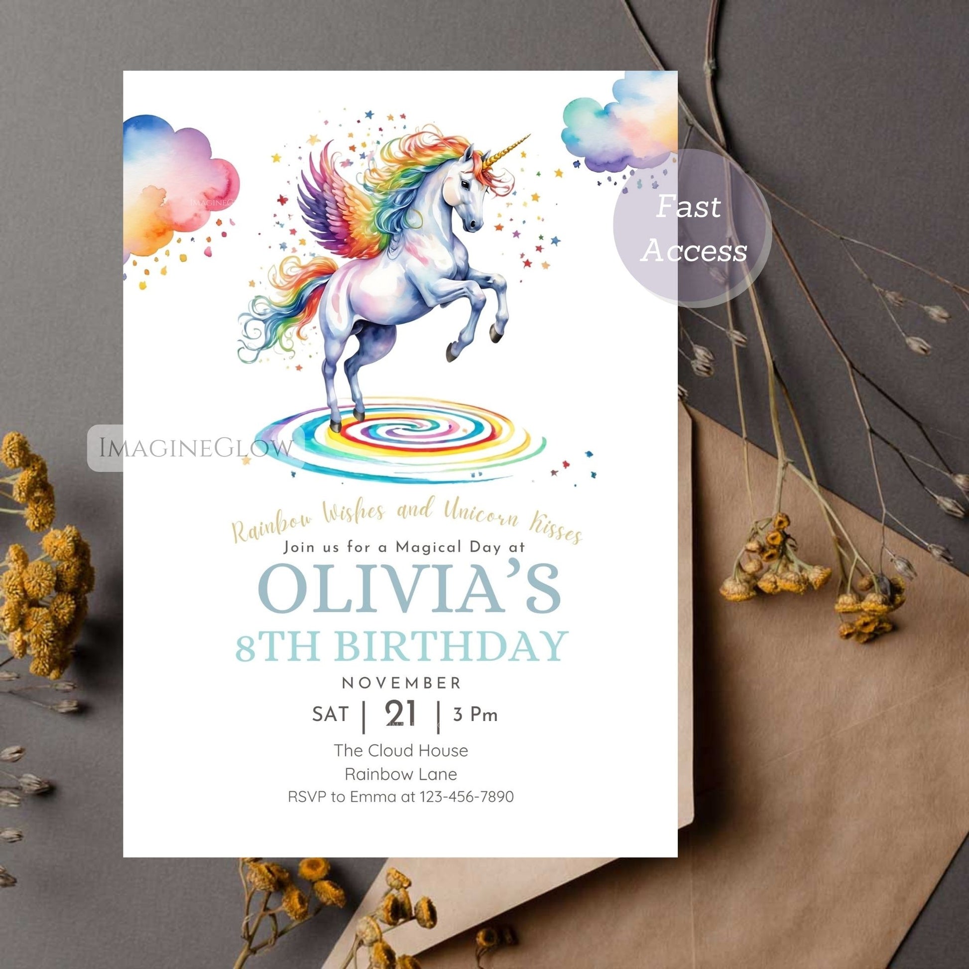 Editable kids' birthday invite featuring a unicorn.