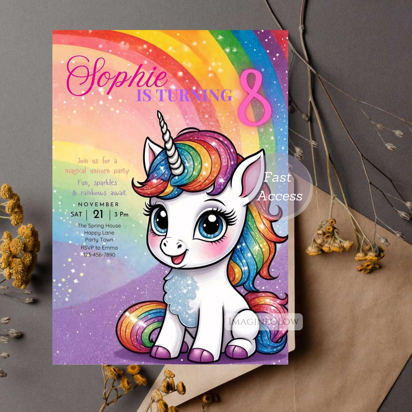 High-quality unicorn digital invitation for instant download.
Fairytale unicorn party invitation with soft pastel hues.