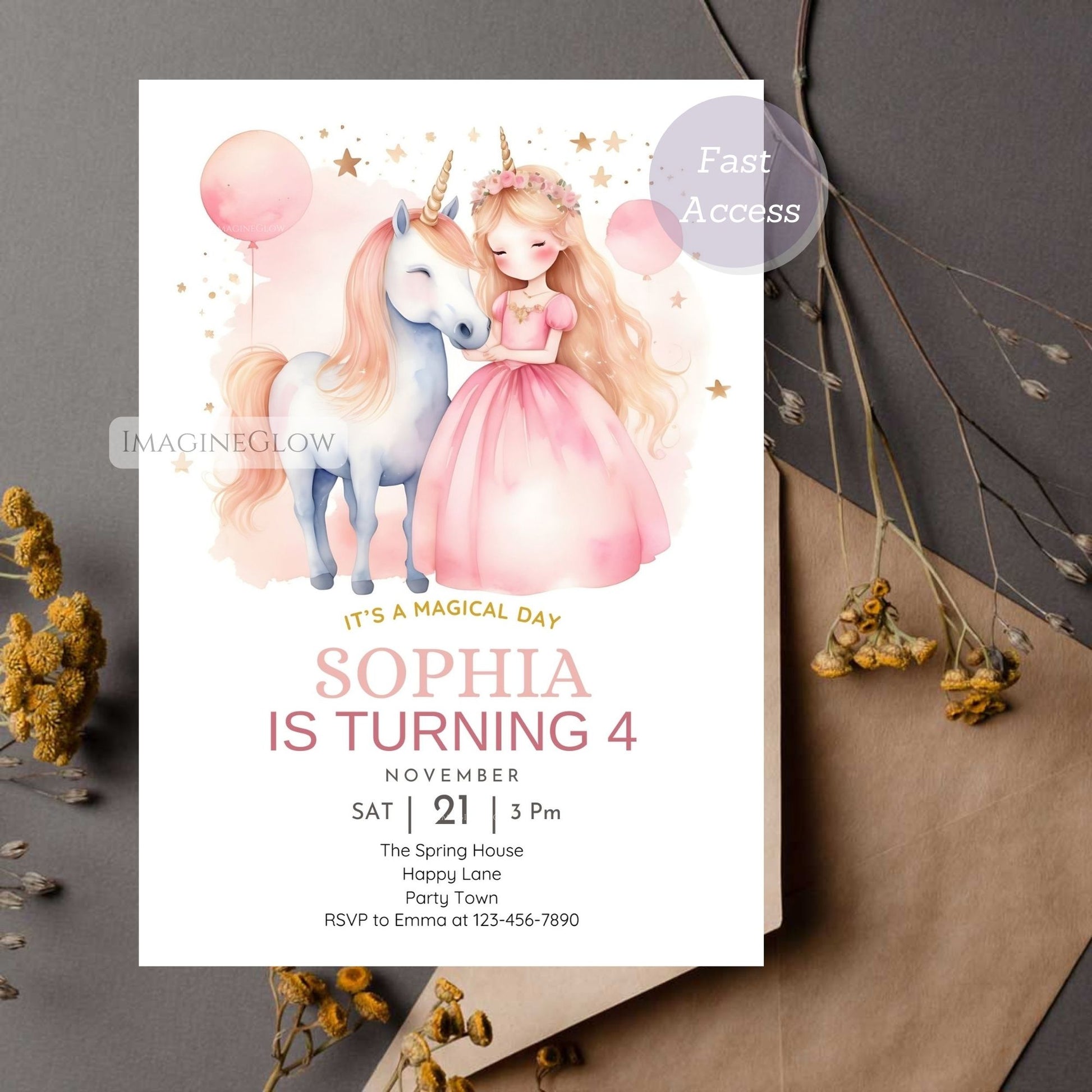 Cute pastel princess unicorn balloons party invite