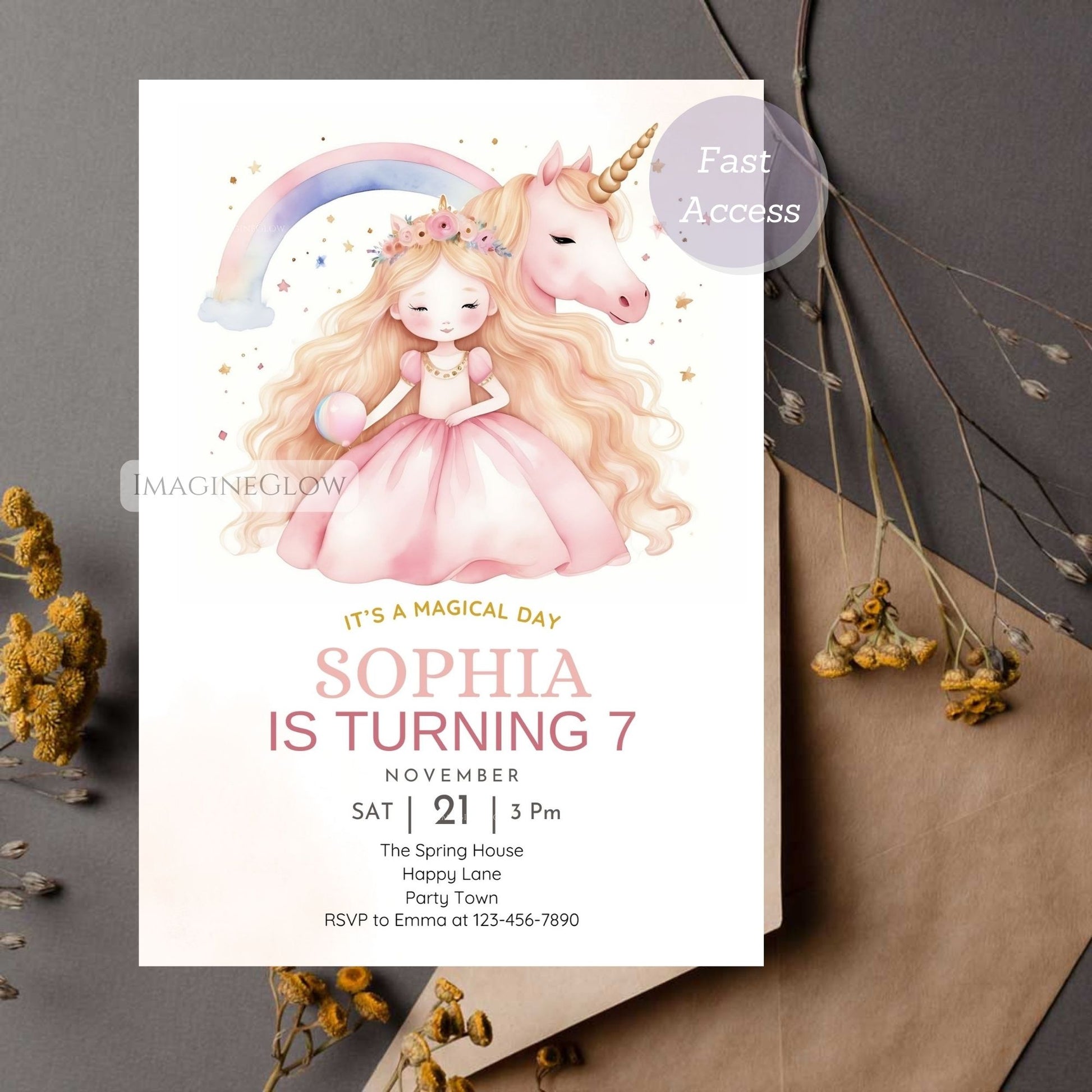 Custom unicorn & princess birthday invitation with rainbow