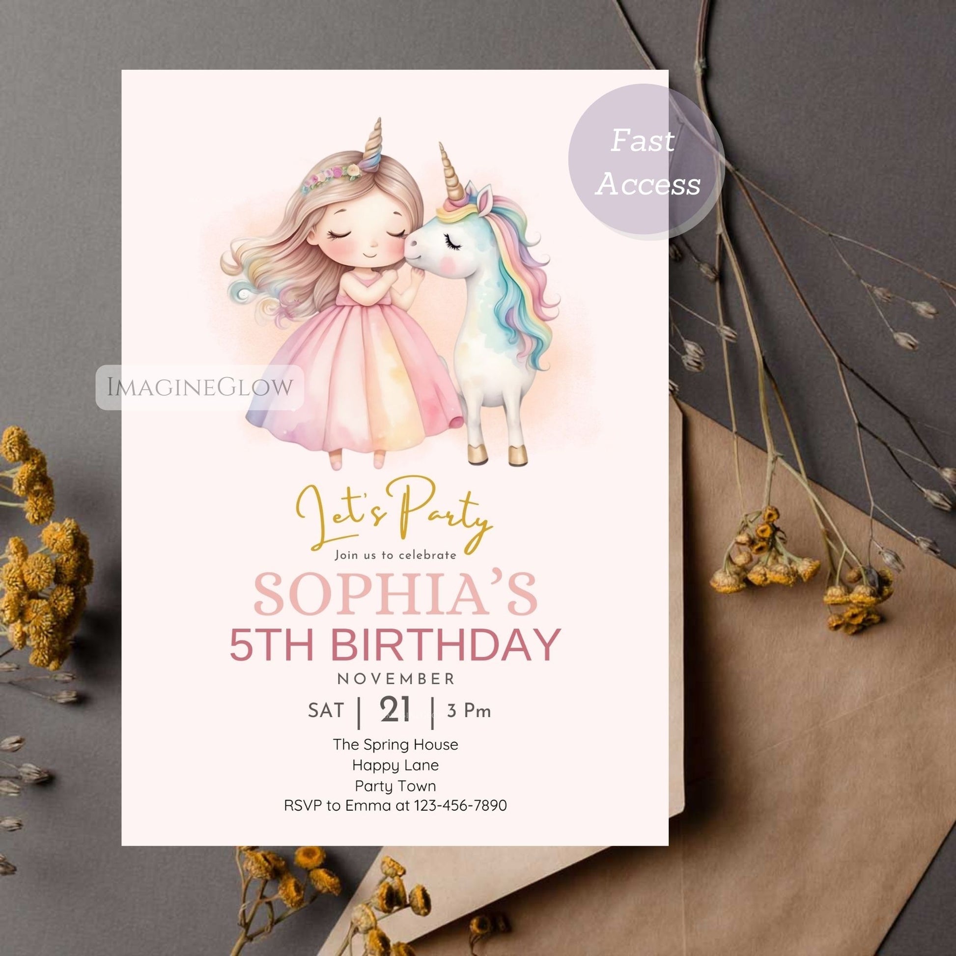 Royal princess and unicorn celebration invitation