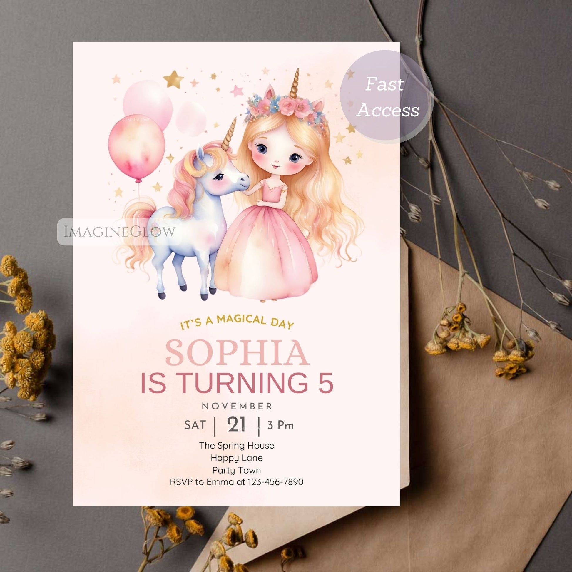 Dreamy unicorn princess birthday invite with balloons