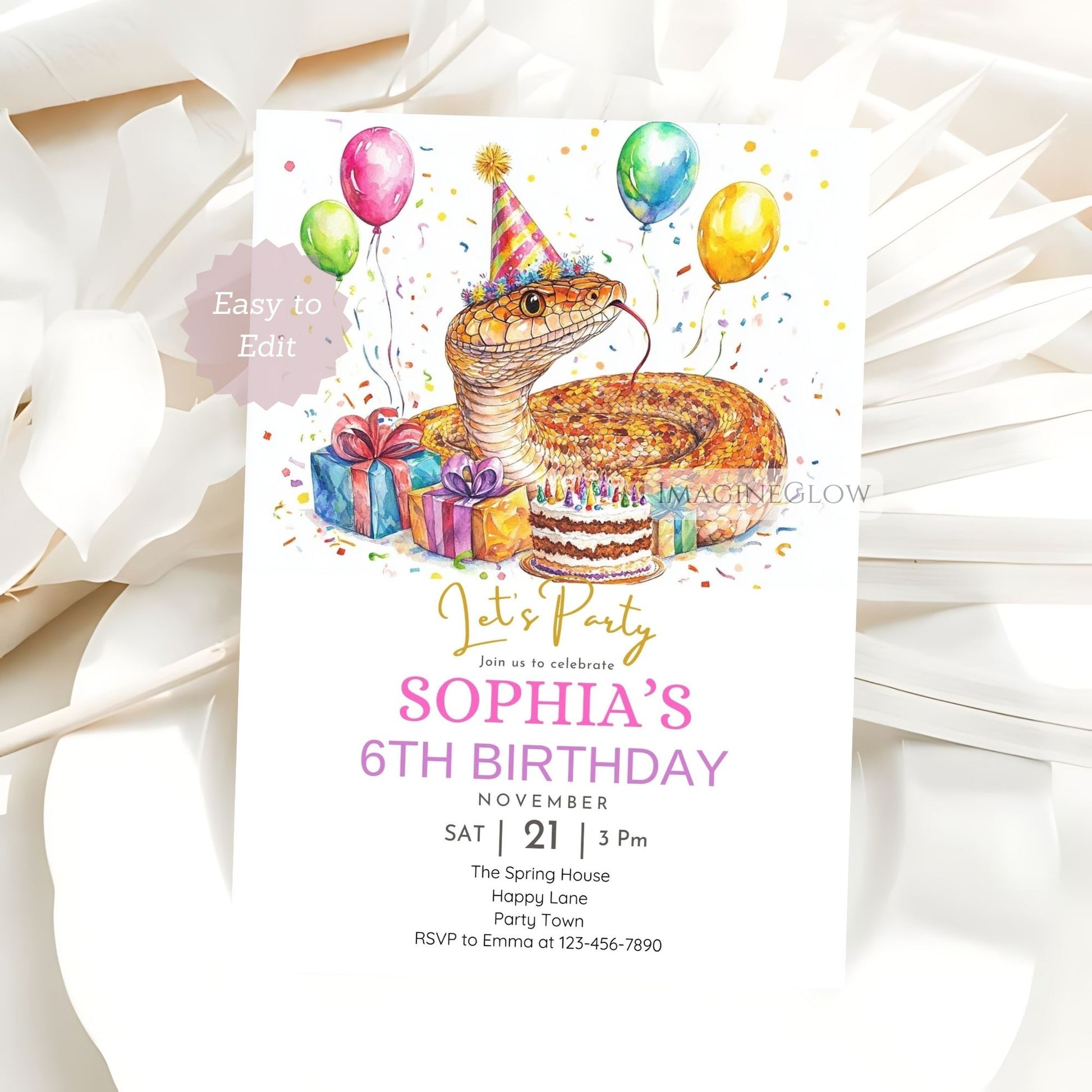Colorful corn snake birthday party invitation editable