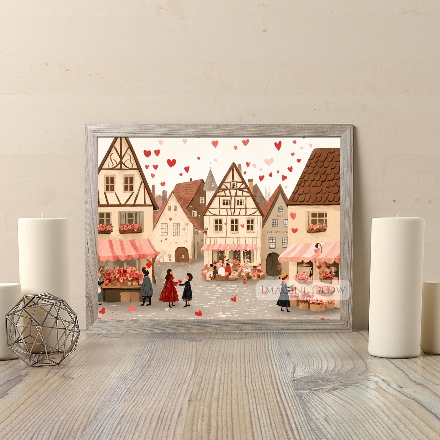 Romantic village street scene art for cozy home decor