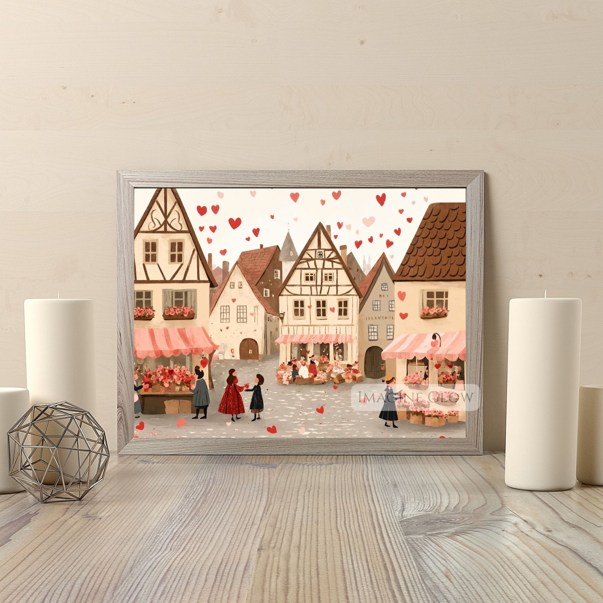 Romantic village street scene art for cozy home decor