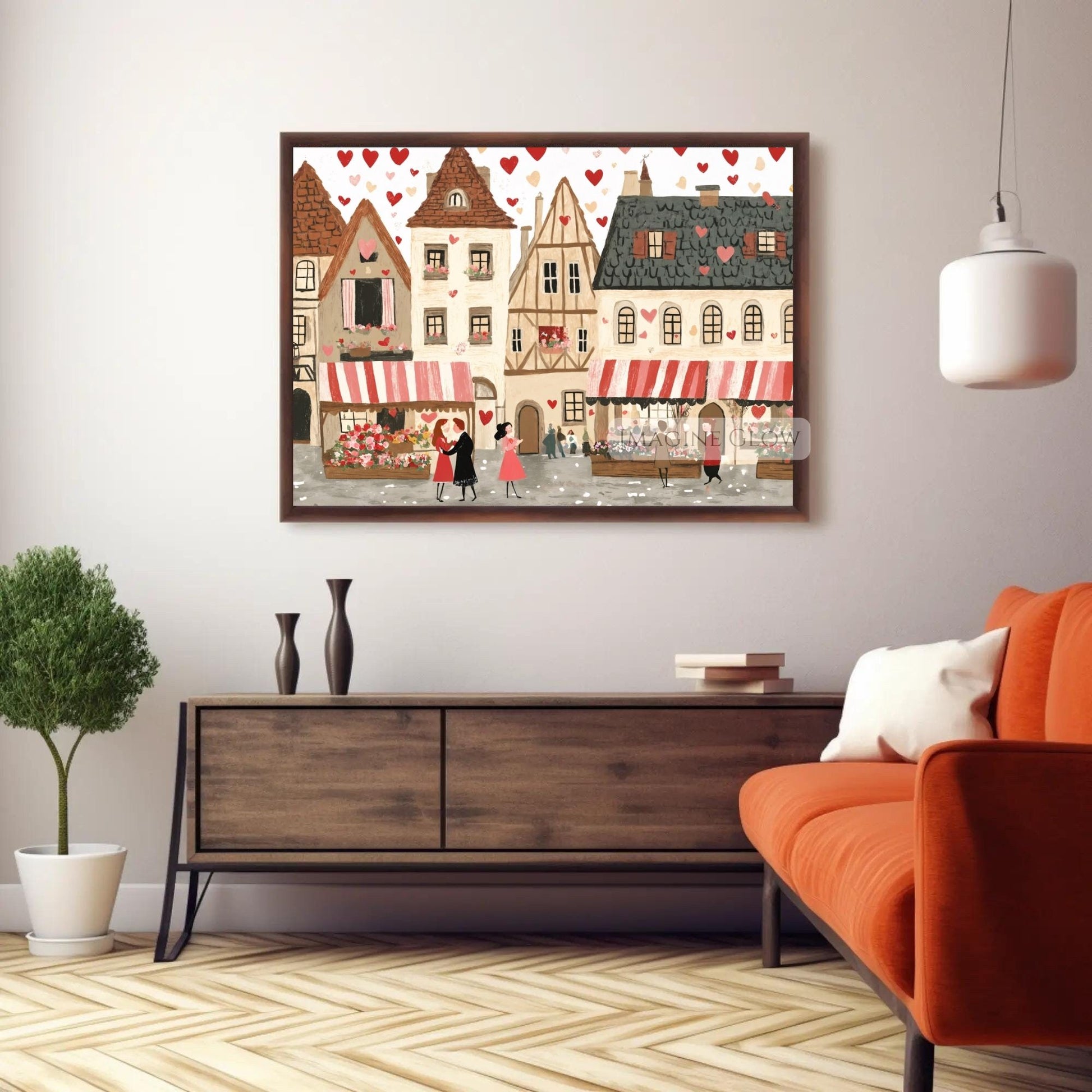 Romantic Valentine's Day Town Art Print with love-themed details