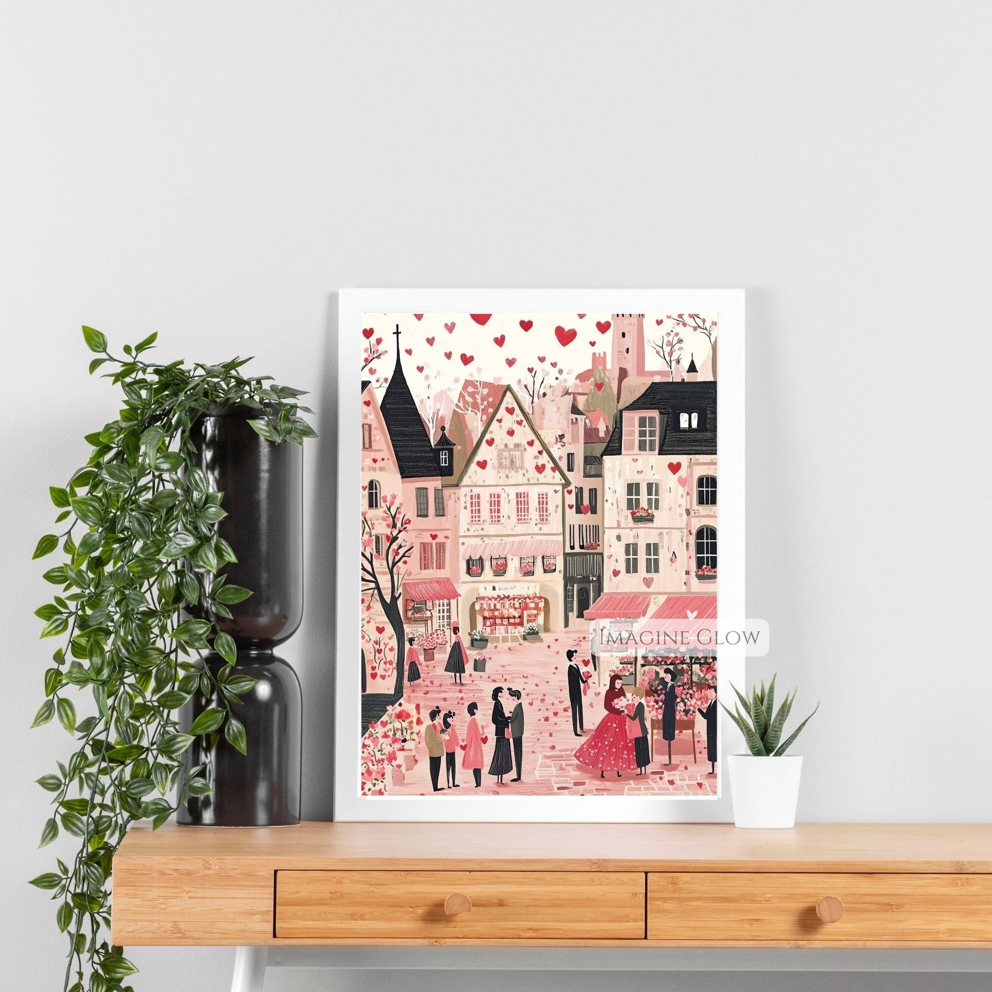Romantic hand-crafted Valentine's Day town illustration