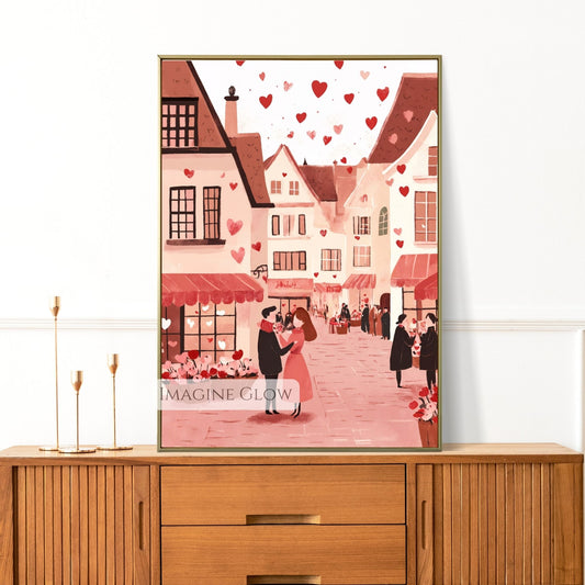Digital Valentine’s Day hand-drawn town art print