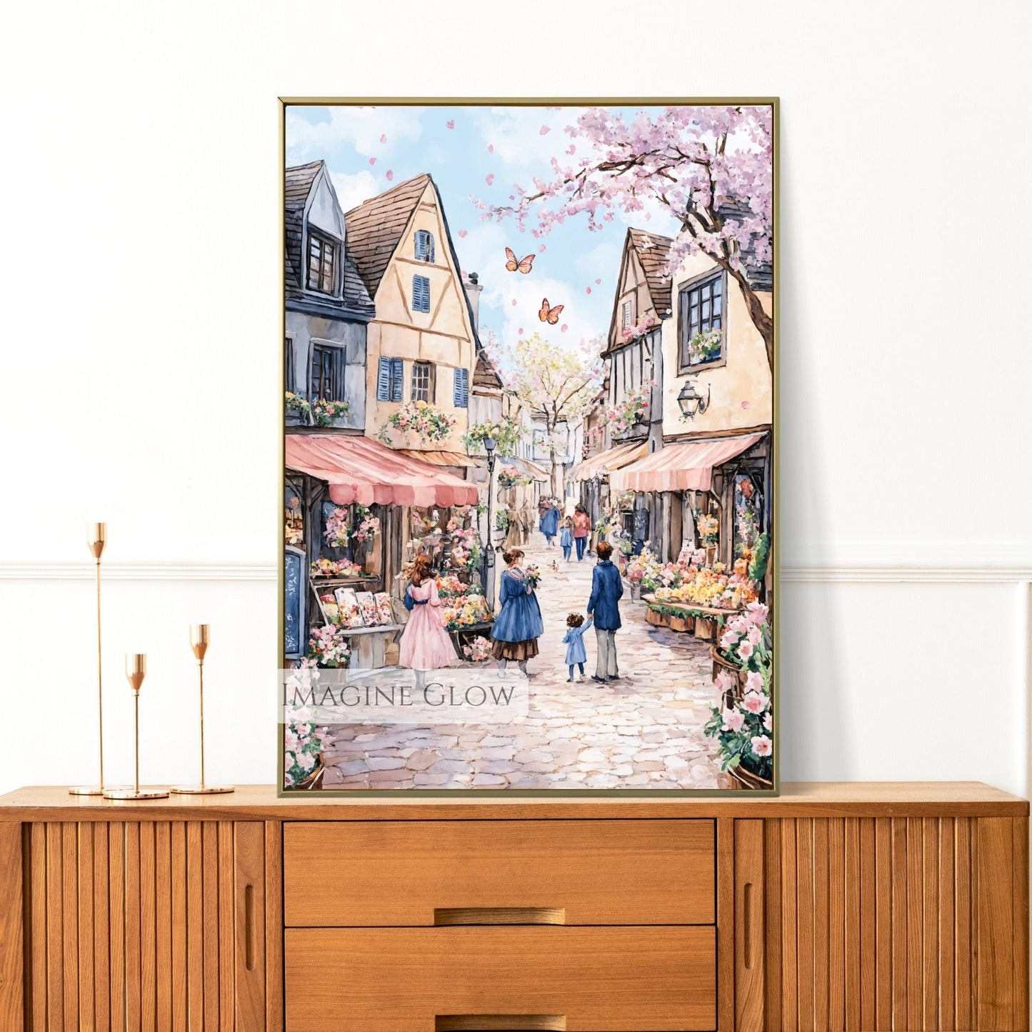 Beautiful cobblestone pathway lined with tulips, market stalls, and flowering trees.