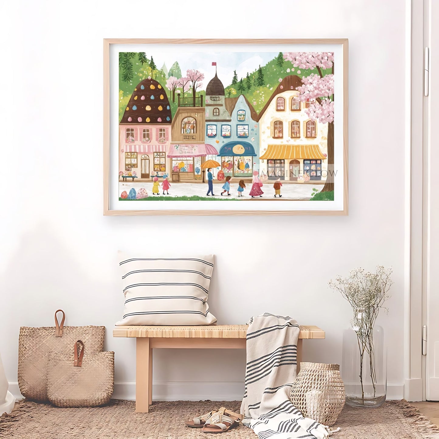 Easter Art with Spring Cherry Blossoms and Street