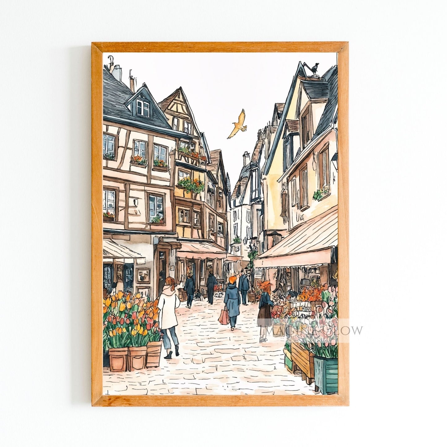 Hand-drawn spring town with blooming flowers and cobblestone streets.