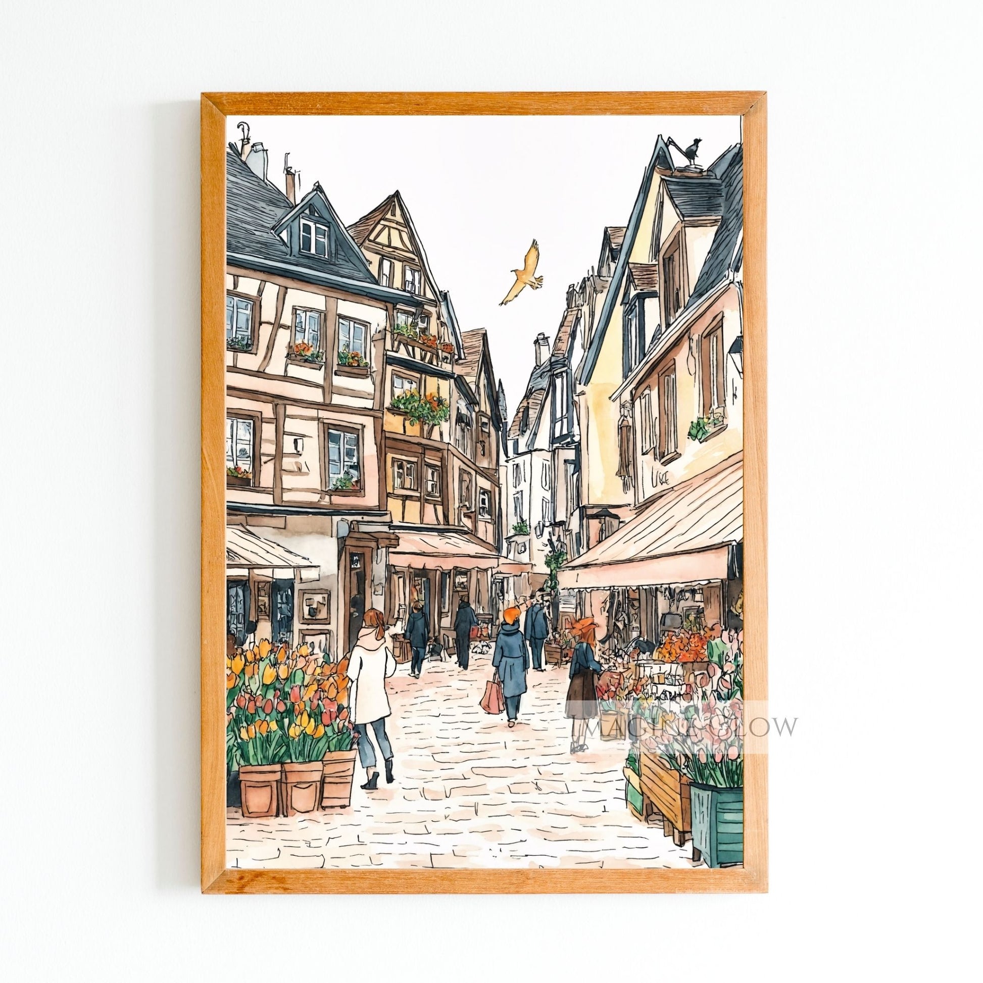 Hand-drawn spring town with blooming flowers and cobblestone streets.