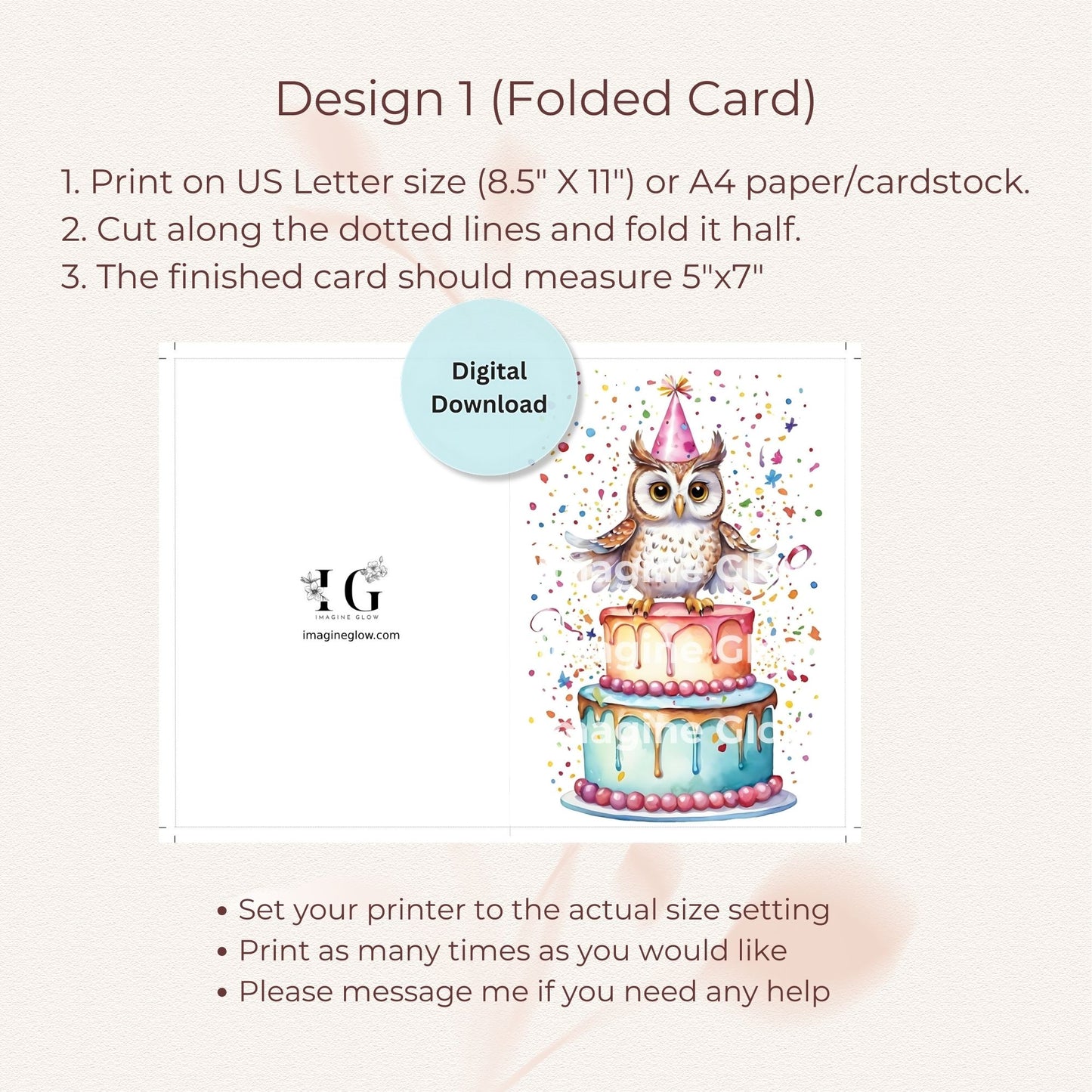 Vibrant cute owl greeting card for kids birthday or celebration.