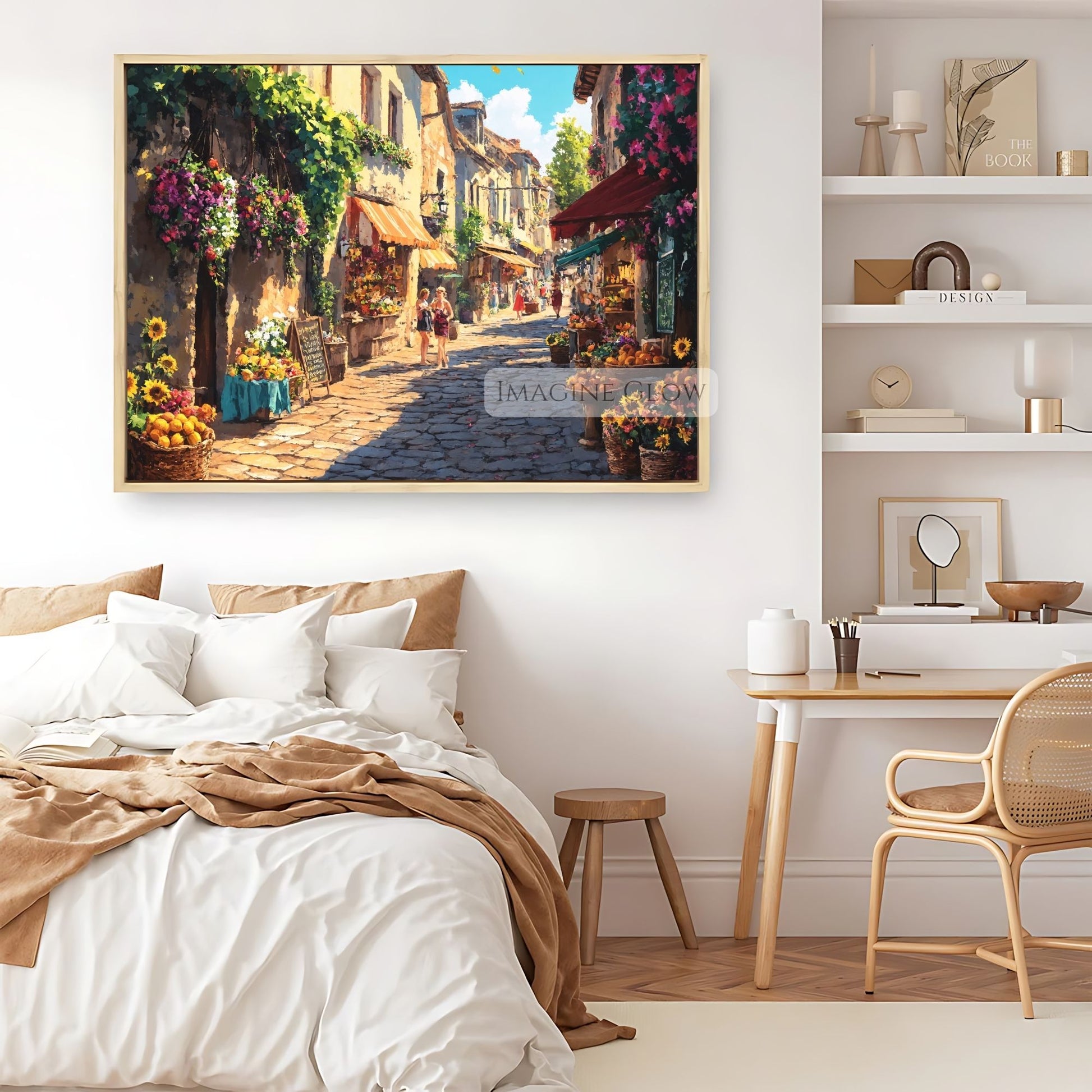 Romantic summer cityscape with soft pastel hues and floral accents.