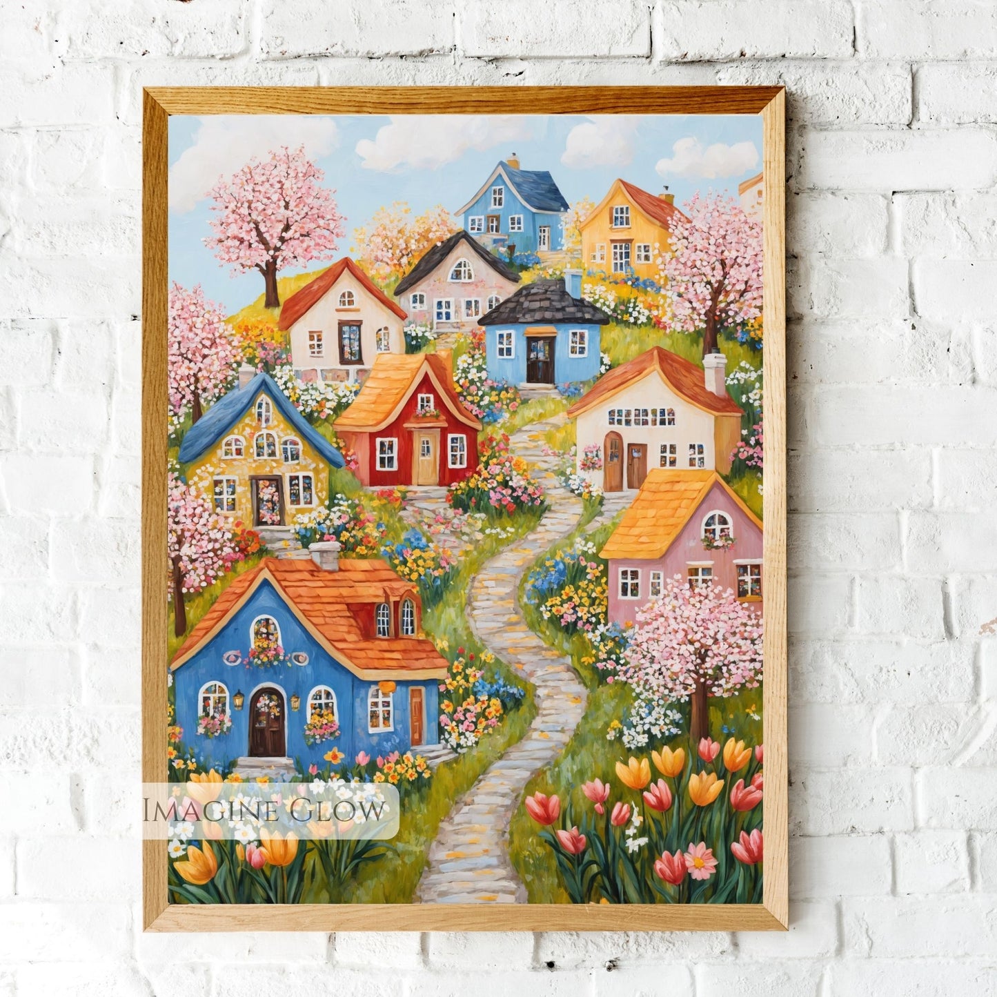 Colorful hillside village with cherry blossoms and wildflowers