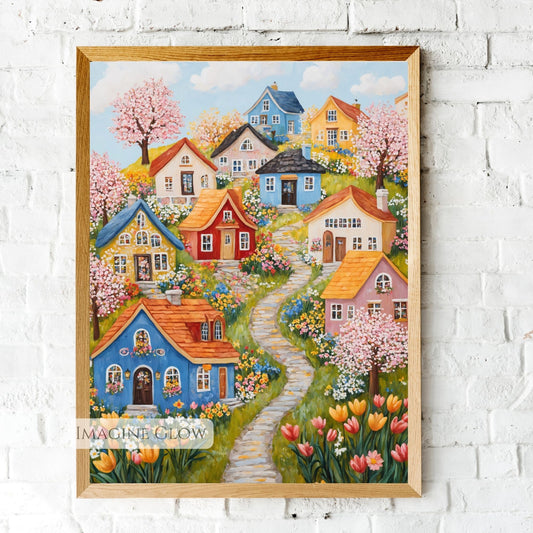 Colorful hillside village with cherry blossoms and wildflowers
