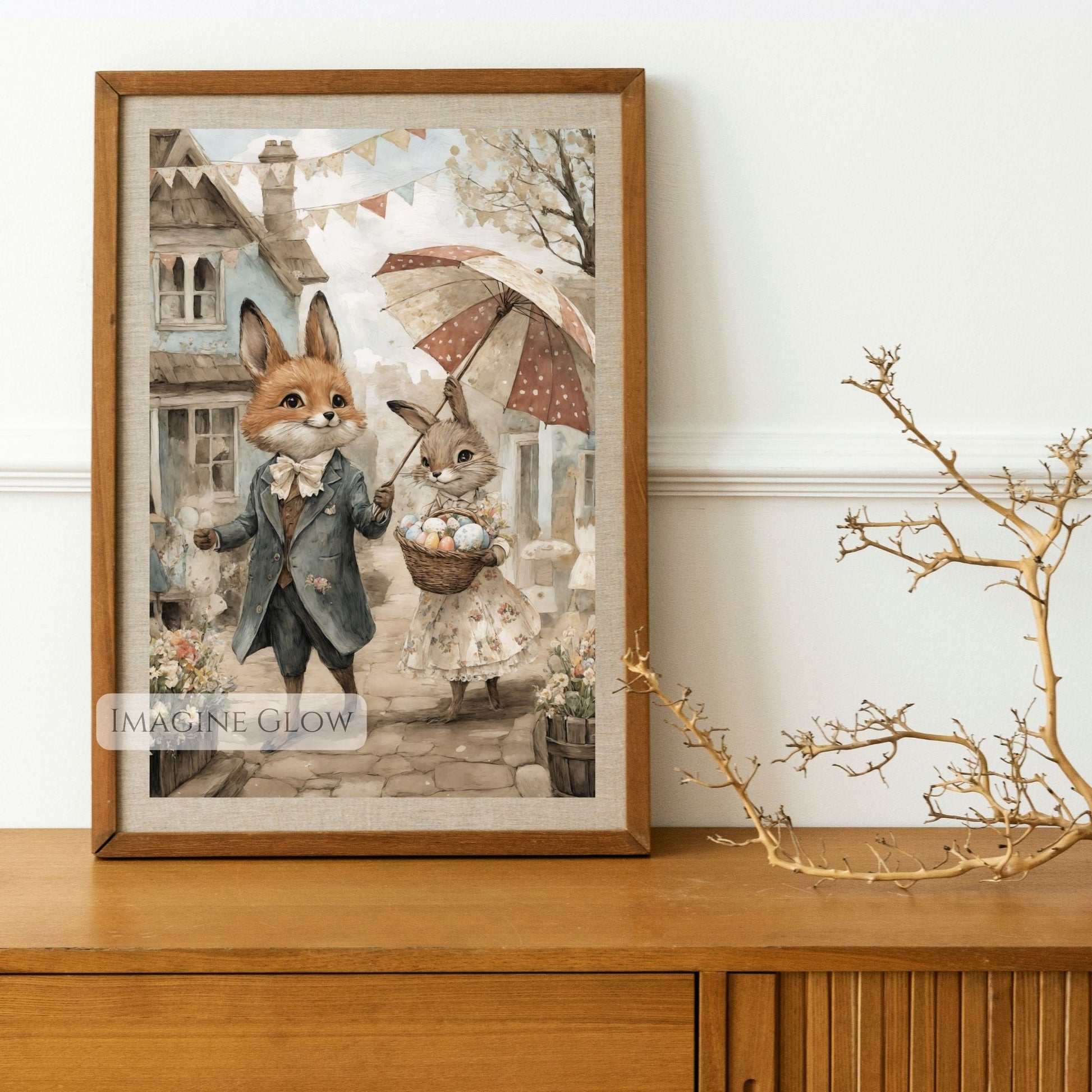 Vintage Easter Animal Illustration - Fox & Rabbit Print