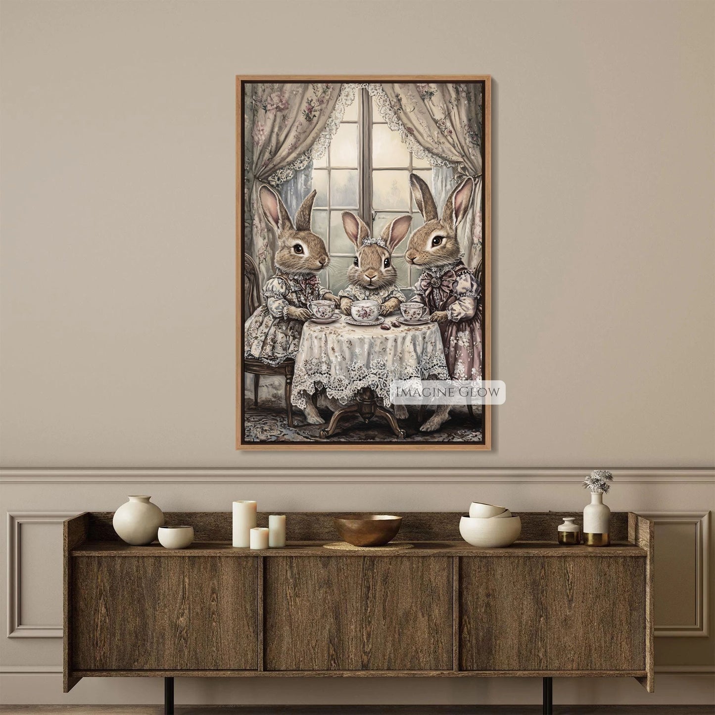 Elegant vintage rabbit tea time artwork for wall decor.