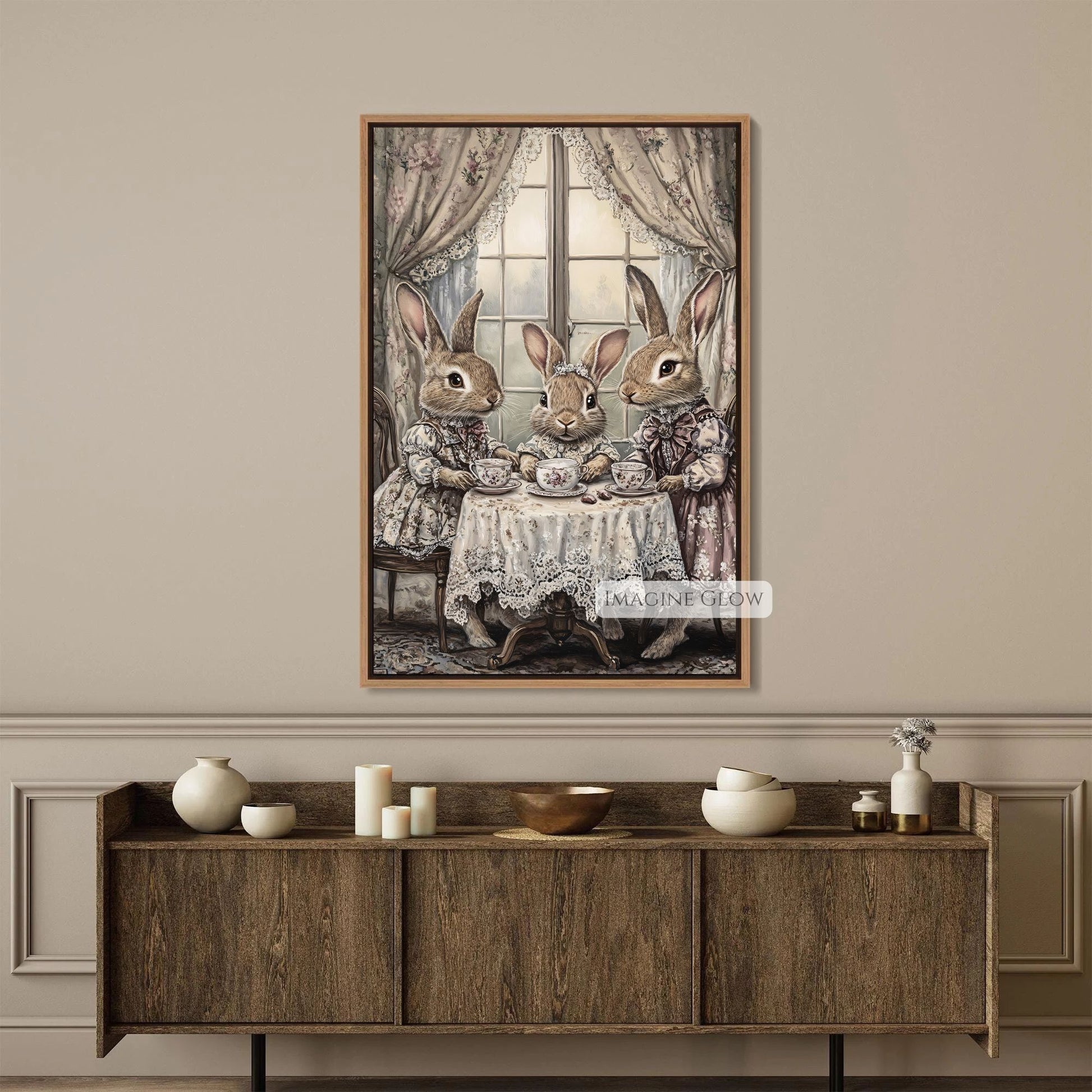 Elegant vintage rabbit tea time artwork for wall decor.