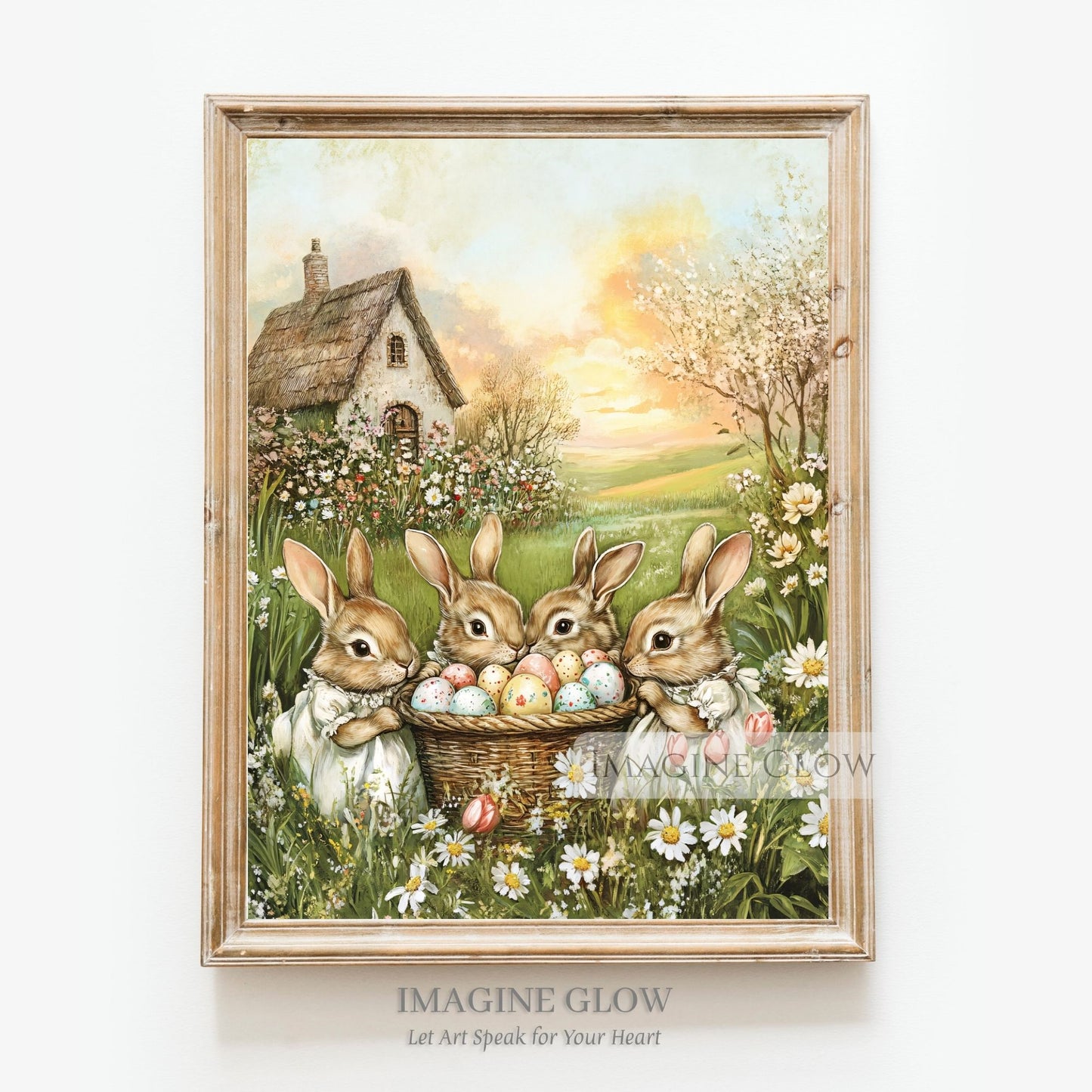 Easter meadow scene with rabbits and wildflowers.