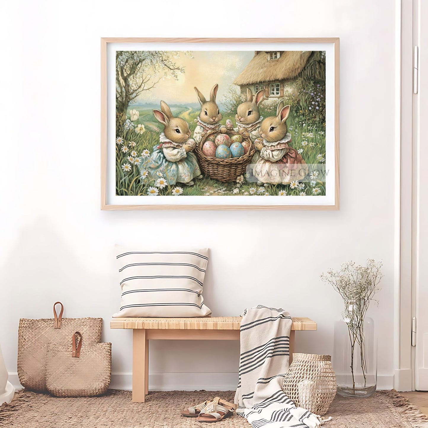 Whimsical spring wall art with Victorian rabbits and Easter eggs for kids' rooms.