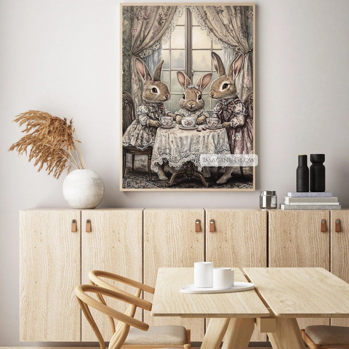 Victorian animal tea party illustration with rabbits.