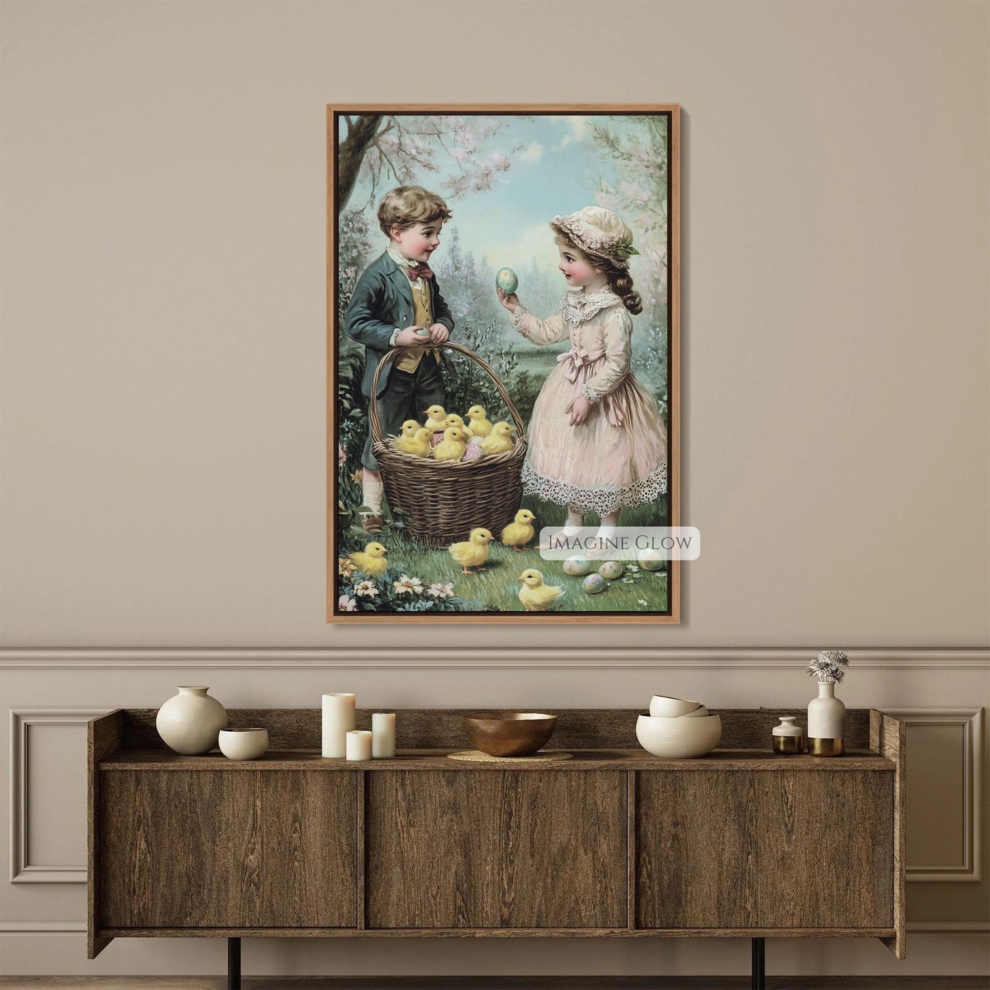 Children in Victorian clothing with yellow chicks and Easter eggs in garden.