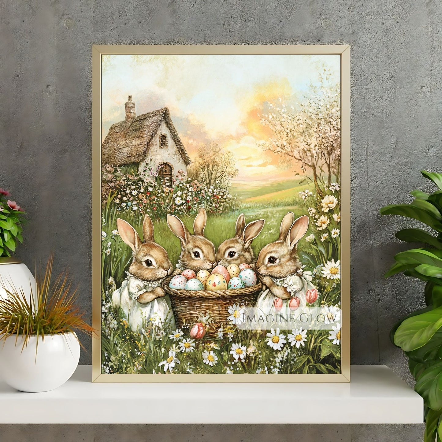 Vintage Easter art of baby rabbits and a cozy cottage.