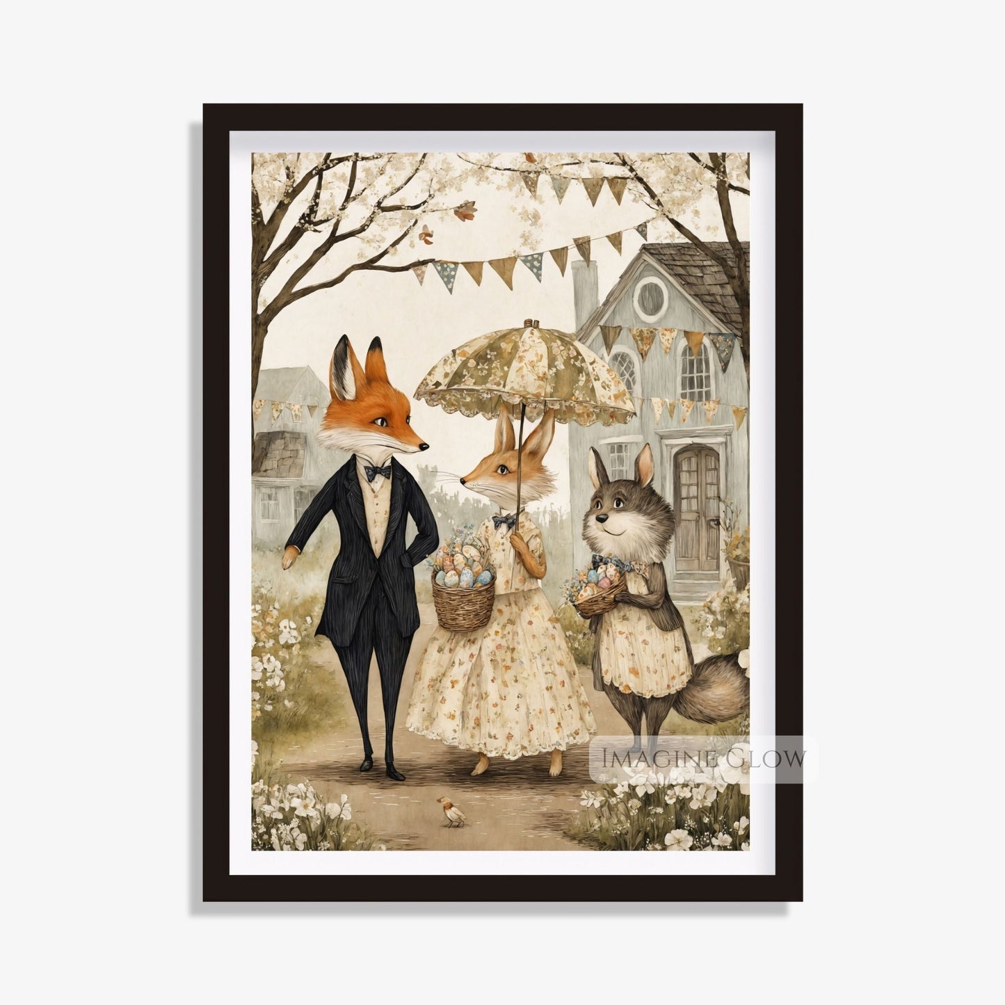 Victorian Fox & Bunny Wall Art with Easter Egg Basket