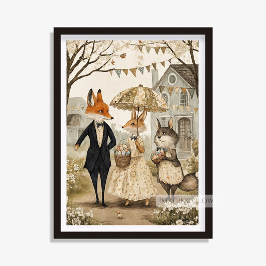 Victorian Fox & Bunny Wall Art with Easter Egg Basket