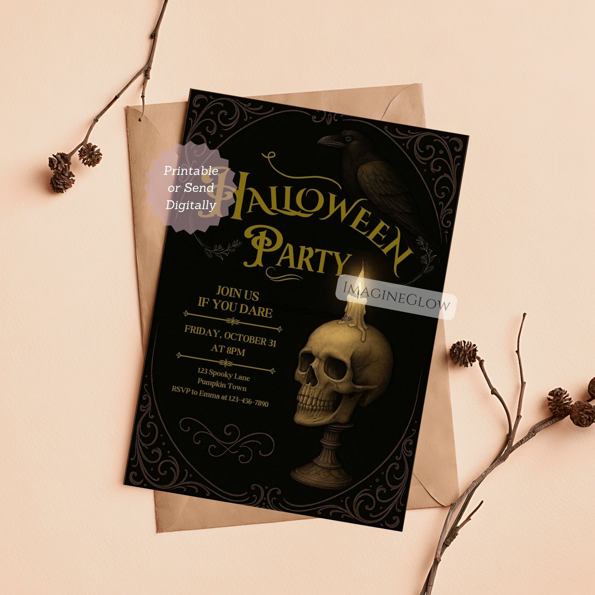 Halloween party invitation with skull design on a black background