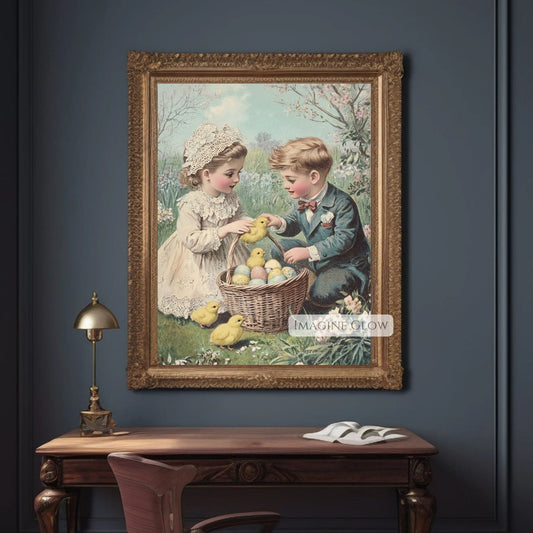 Victorian children with Easter eggs and yellow chicks in a spring garden.