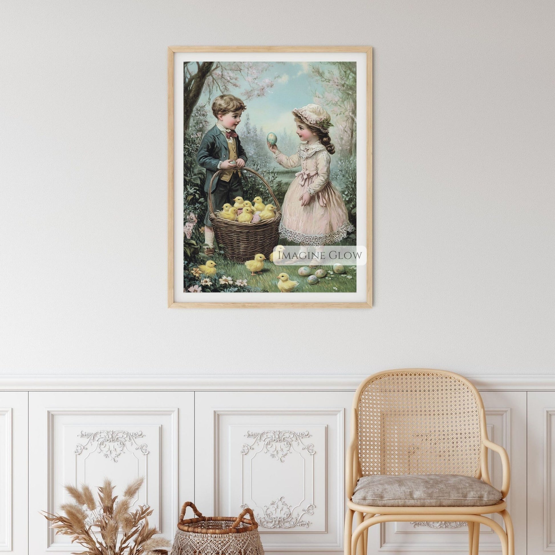 Vintage Easter print with children, chicks, and eggs in garden.